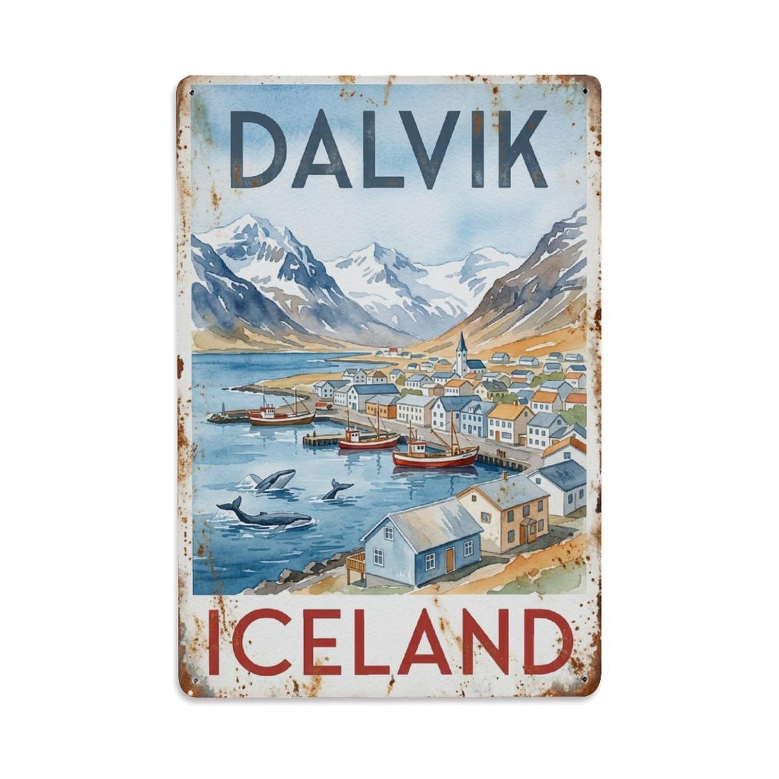 Vintage Travel Dalvik Iceland Watching Metal Tin Sign Plaque Wall Decor for Cafe, Club Bar, Office, Home Garden Metal Poster 8x12Inch
