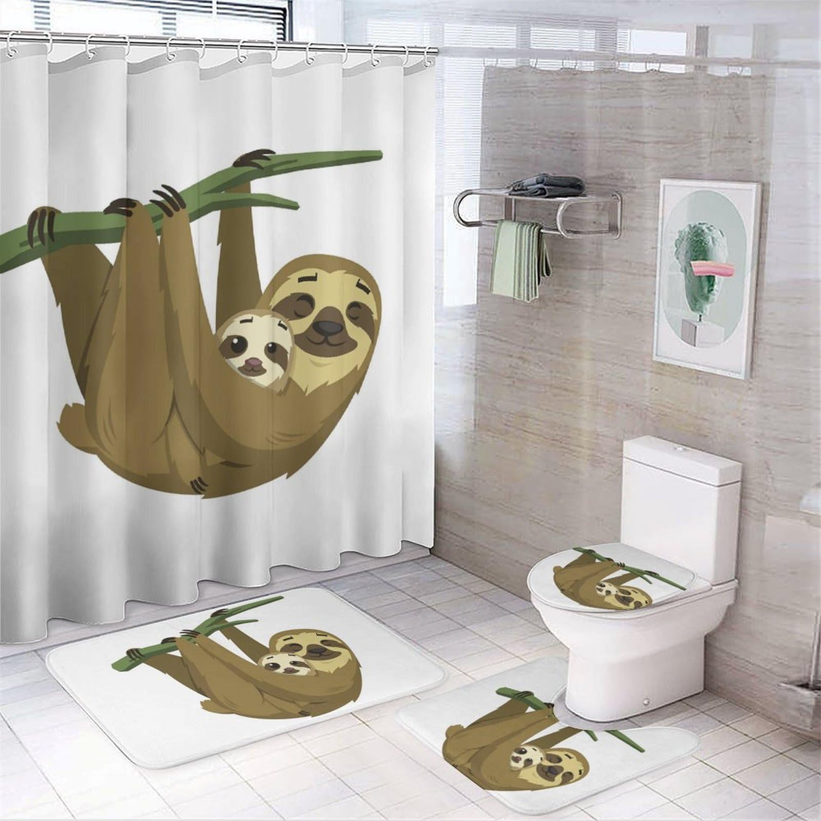 Wlntrophic Bathroom Mat Set 4 Piece, Cute Rainforest Sloth Shower Curtain with Non-Slip Bath Mats for Bathroom