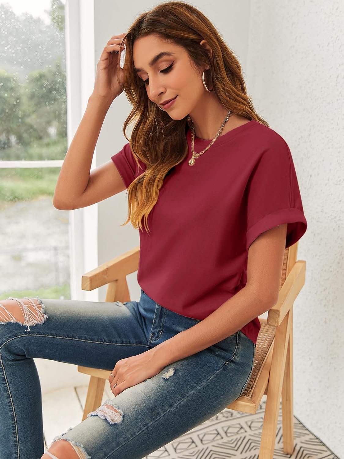 GeGekoko Women Short Sleeve Tshirts Crew Neck Basic Cotton Draped Tee Summer Ruched Side Top S-1L - Image 5