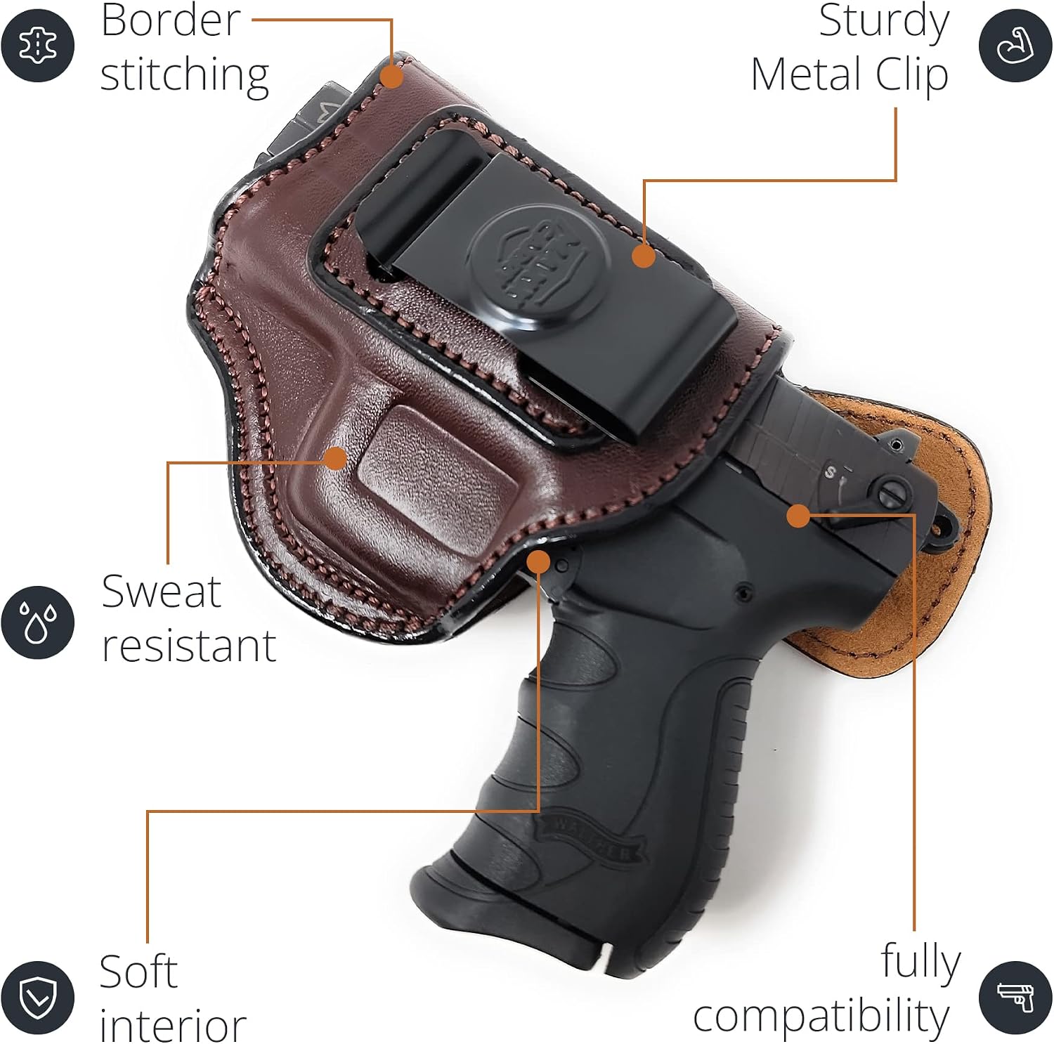Genuine Leather Iwb Holster for Walther PK380 Pistol - Tactical Handgun Iwb Leather Holster - Comfortable Appendix Everyday Carry - Maxx Carry Holsters