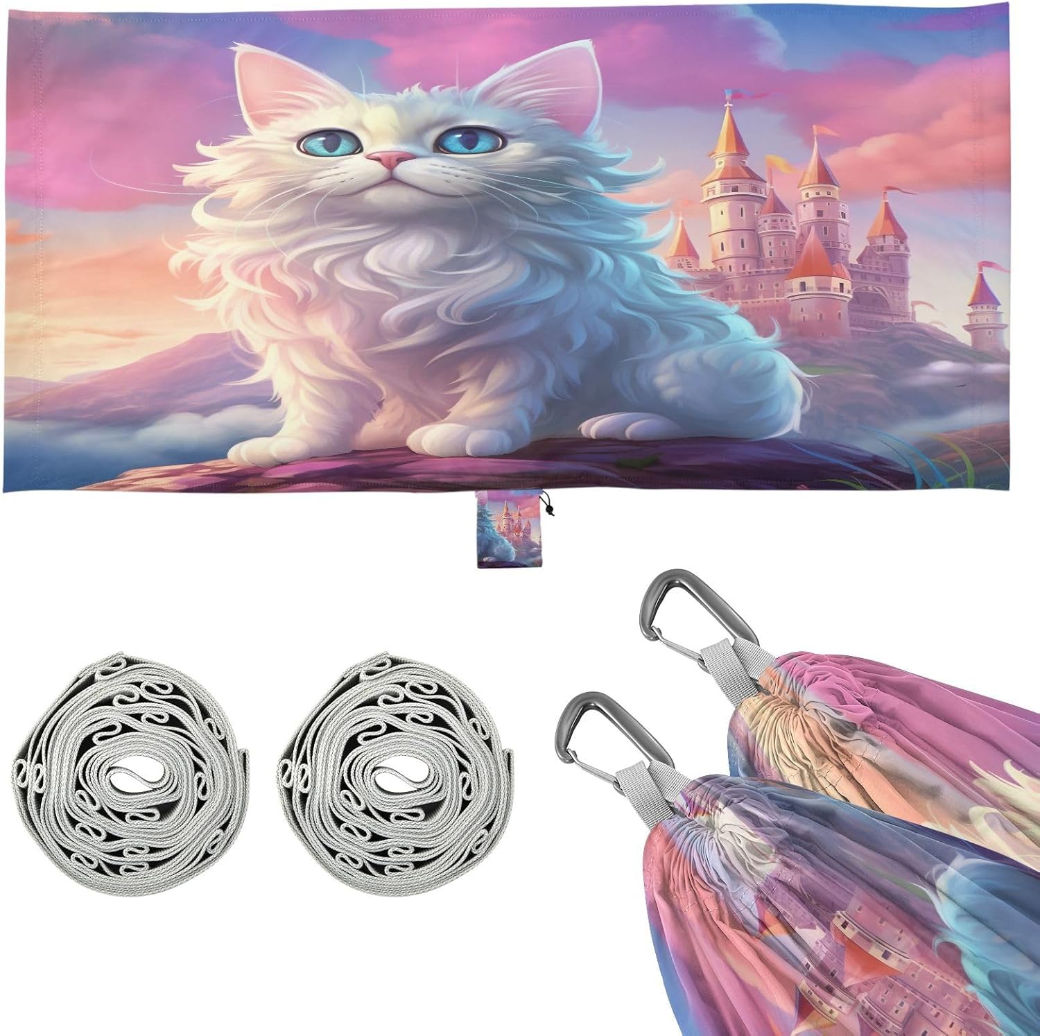 ALAZA Cat Kitten Cartoon Camping Hammocks Single or 2 Person 500 lbs Portable Parachute Travel Hammock w/Tree Straps for Hiking Backpacking Indoor Outdoor