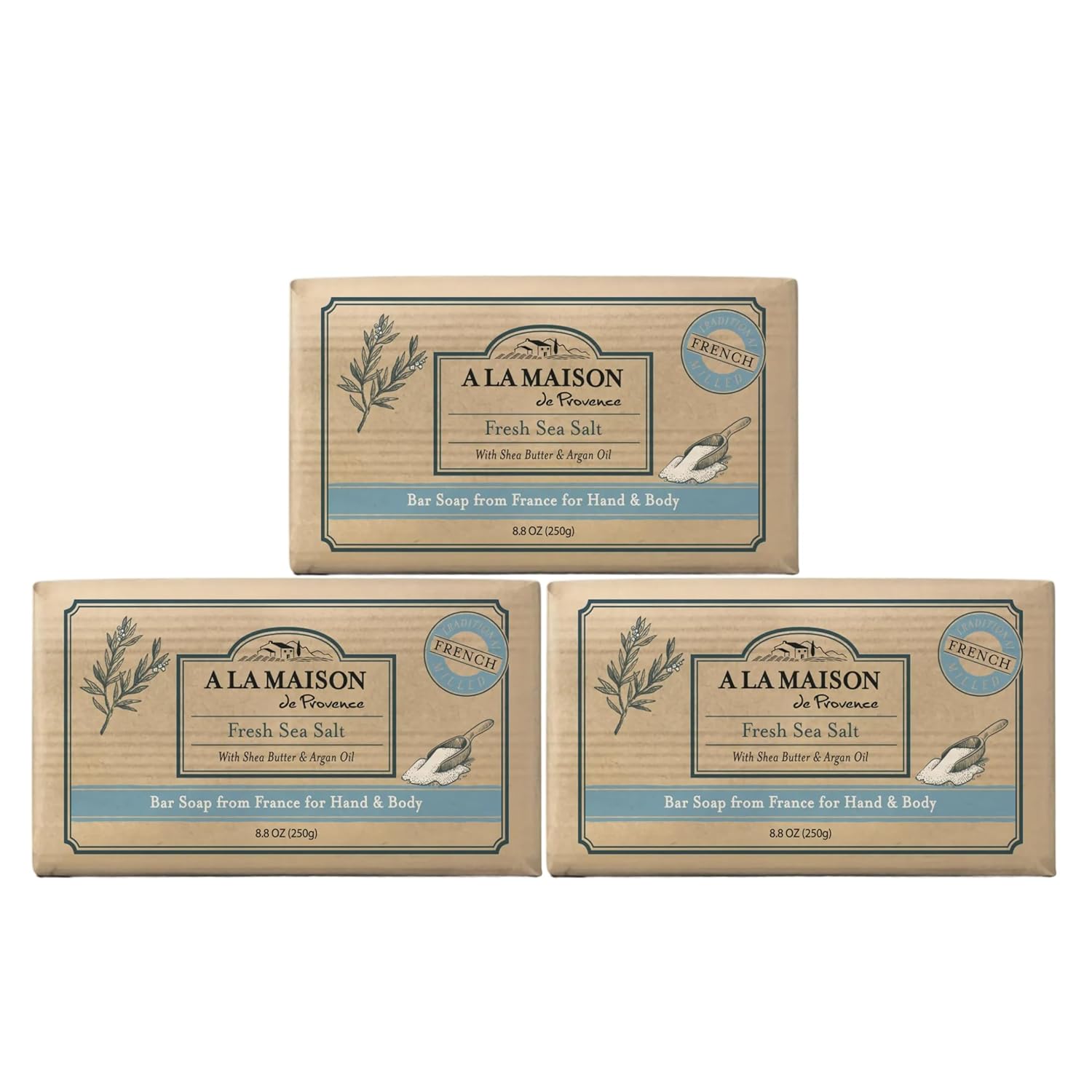 A La Maison Fresh Sea Salt Bar Soap 8.8 oz. | 3 Pack Triple French Milled All Natural Soap | Moisturizing and Hydrating For Men, Women, Face and Body