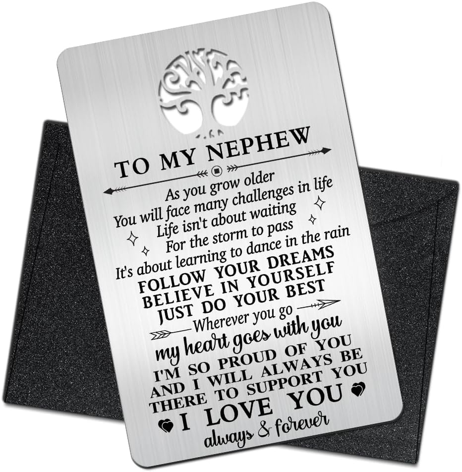 To My Nephew I Love You Wallet Card, Engraved Metal Wallet Insert Card from Aunt or Uncle, Nephew Gift with Inspirational Quotes, coming of age Graduation Christmas Wedding Birthday Gifts