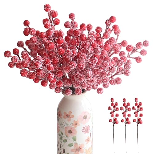 YXYQR Christmas 24Pcs Artificial Snow Frosted Red Berry Stems Branches, 8.3'' Xmas Faux Holly Berries Picks Ornaments for Wreath DIY Craft Christmas Tree Holiday Decorations