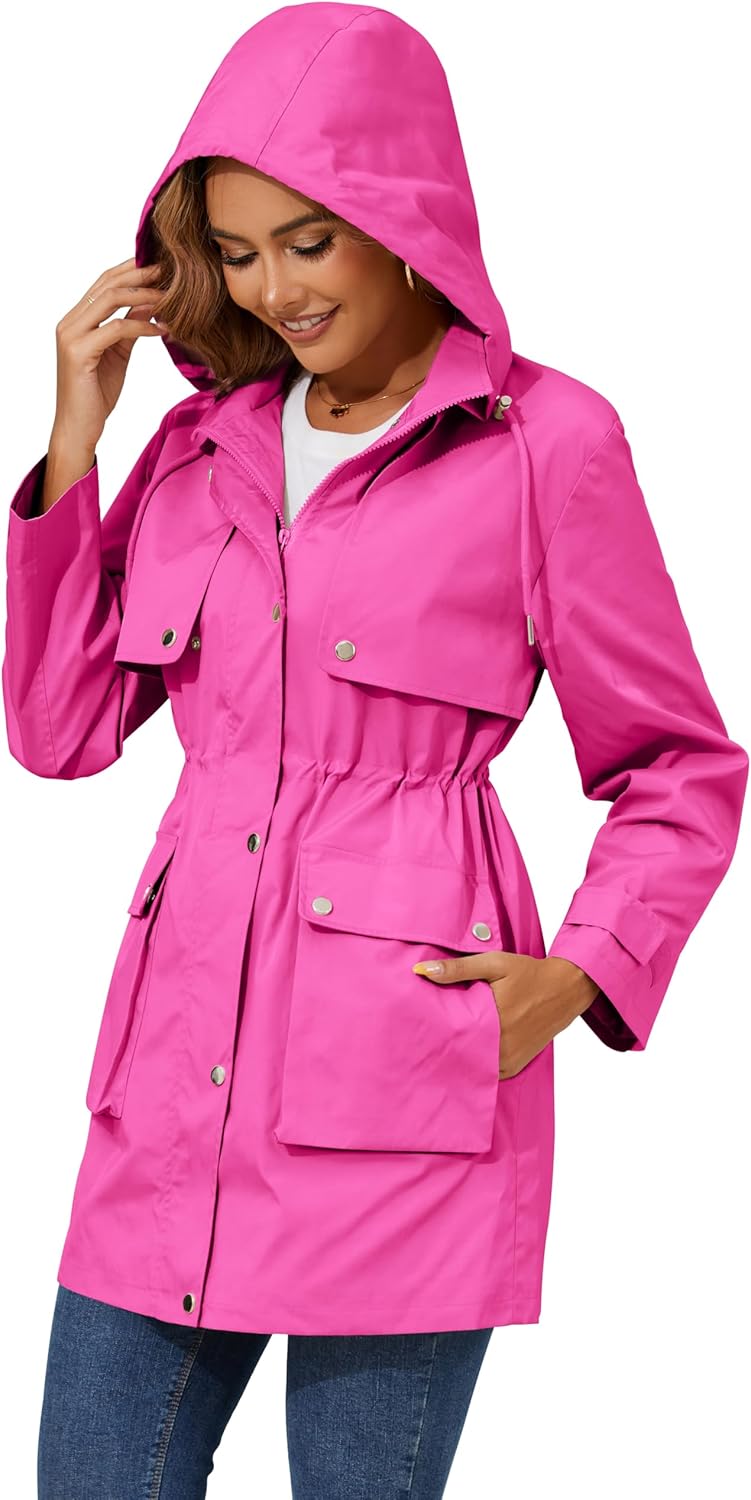 PESION Women's Waterproof Long Rain Jacket Lightweight Raincoat Lined Windbreaker Trench Coat for Outdoor Travel Hiking