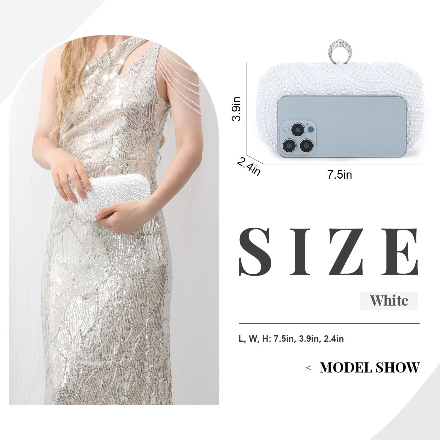 Oweisong Pearl Clutch Purses for Women Wedding Ivory Bridal Evening Bag Formal Party White Beaded Shoulder Handbag