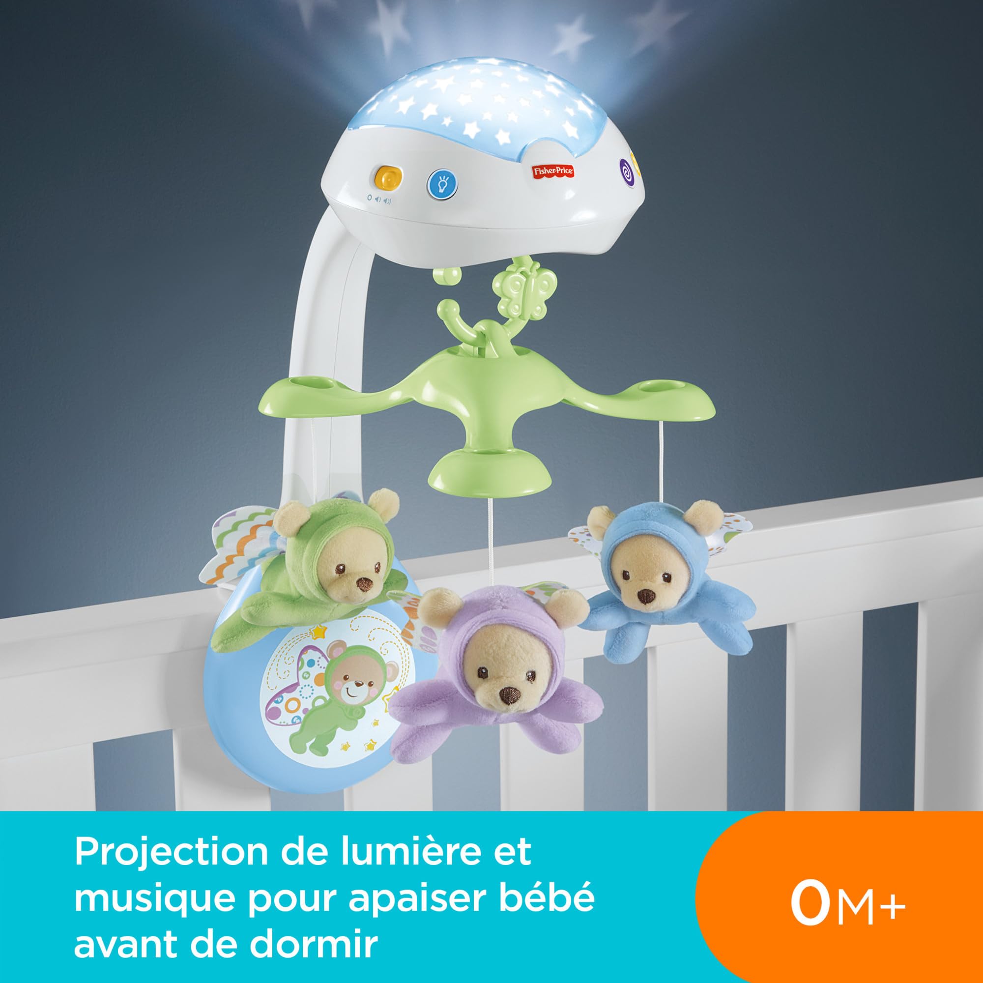 Fisher-Price - Mobile Doux Rêves Papillon - Veilleuse avec Projection de Lumière - 3 Peluches, 3 Modes Audio - Adapté aux Bébés - Cadeau de 0 à 5 Mois, CDN41