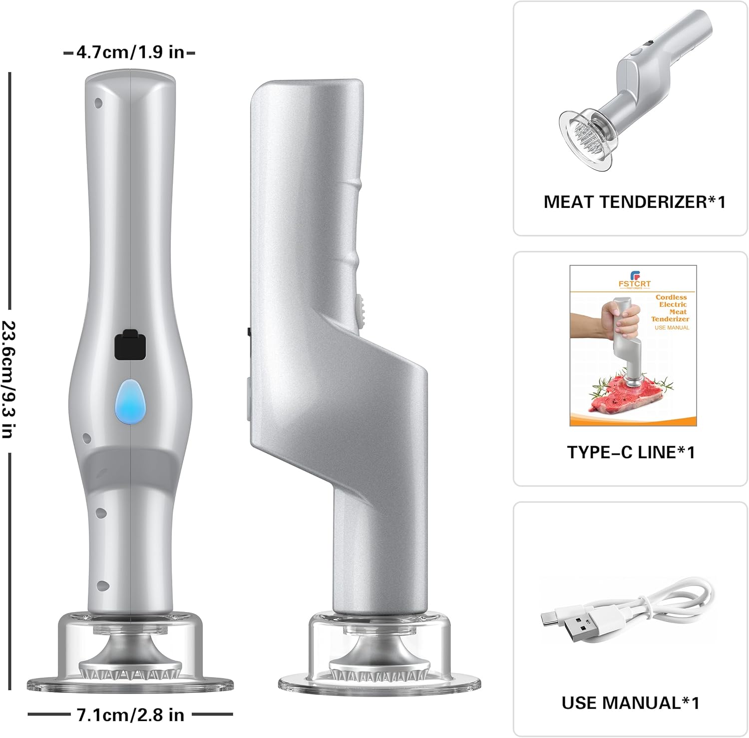 Electric Meat Tenderizer, Handheld Cordless Electric Heavy Duty Meat Tenderizer Hammer, 37 Stainless Steel Sharp Needles Kitchen Tenderizer for Steak, Beef, Chicken Chops, Pork Chops
