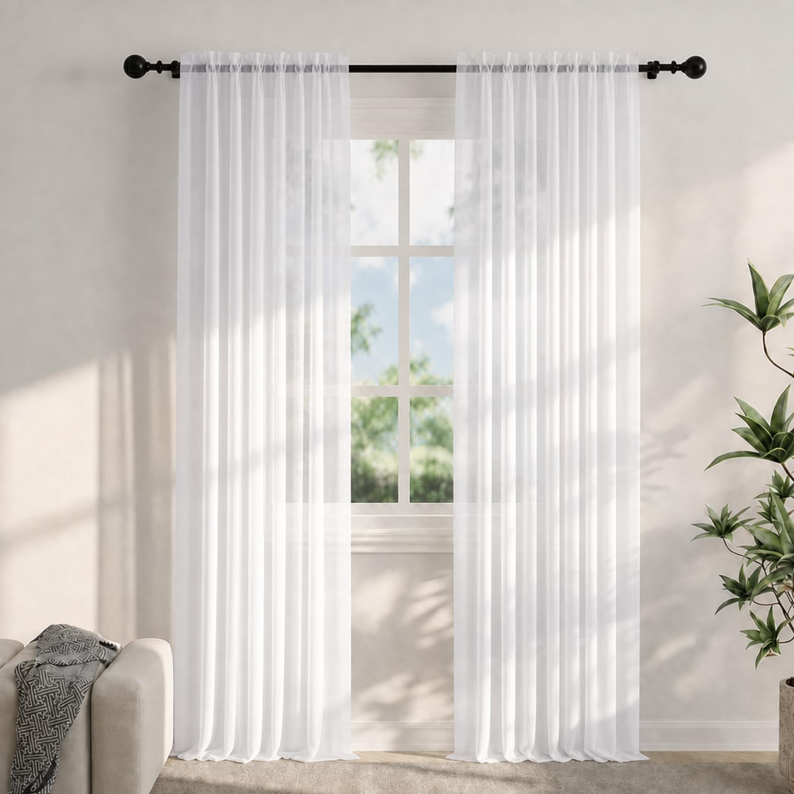 Flgef Voile Curtains for Windows 108 Drop, 2 Panels Dual Rod Pocket Sheer Curtains, Light Filtering White Net Curtains for Living Room Bedroom Kitchen, W56xL108 Inches