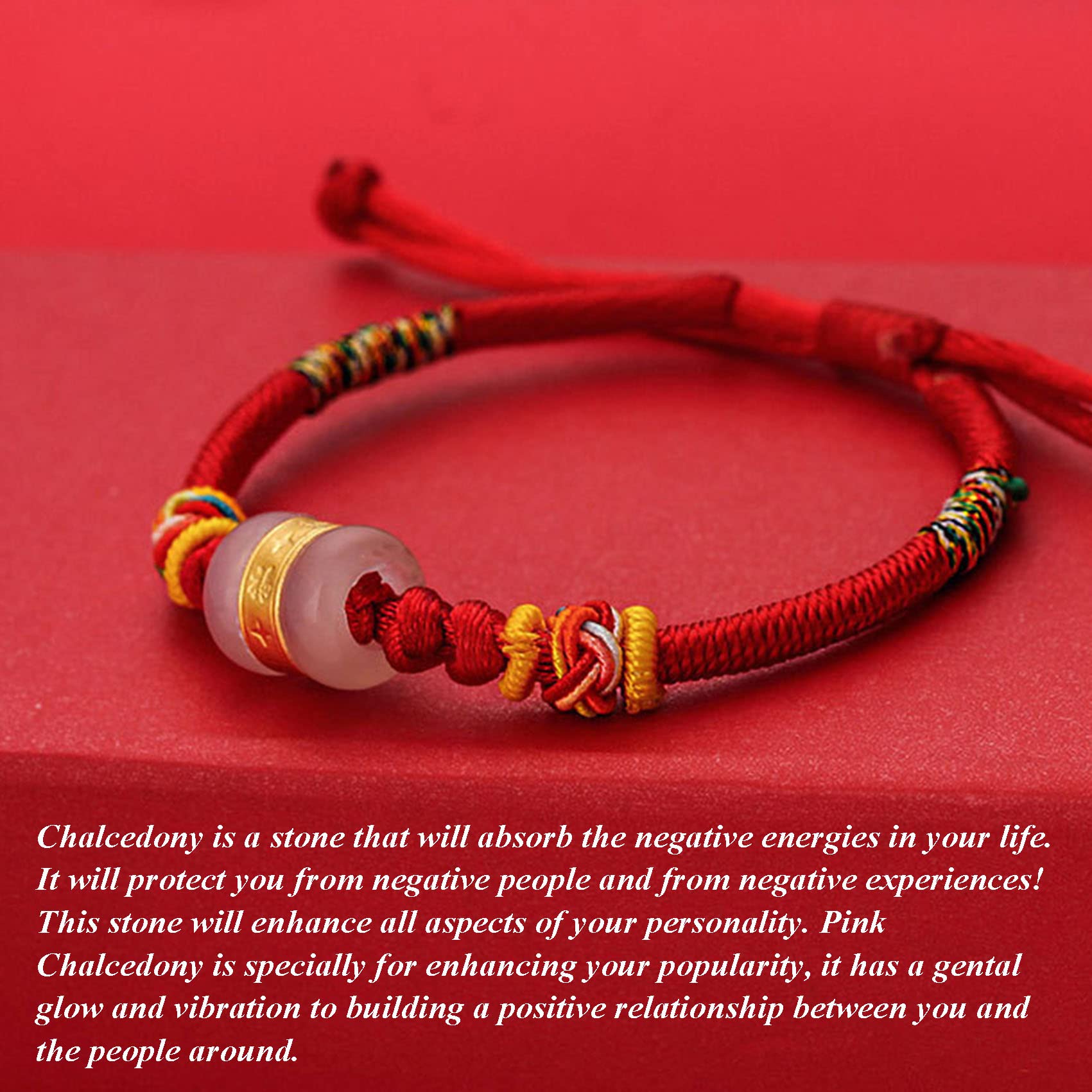 Pulsera de la Suerte, Pulsera Feng Shui, Amuleto, calcedonia, dijes Hilo Rojo, Cristal Chakra para Buena Fortuna, valentía y Riqueza.