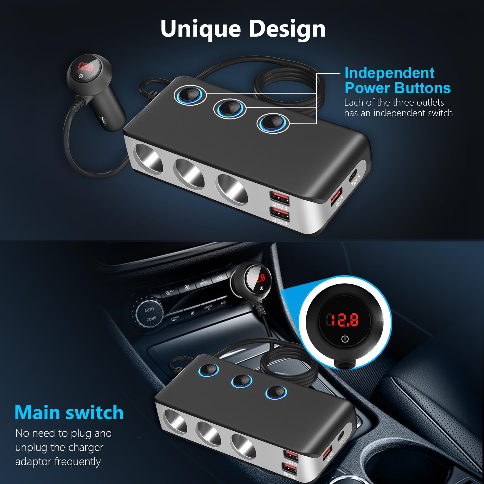 QC 3.0 Auto Sigarettenaansteker: Qidoe 12V/24V USB Autoadapter 120W DC 3 Contactdoos Met Drie Onafhankelijke Aanuit 4 Poorten 85a Voor Gps Dashcam Iphone Android 679113555