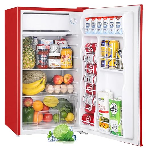Upstreman 3.2 Cu.Ft Mini Fridge with Freezer, Single Door, Dorm Fridge, Adjustable Thermostat, Refrigerator for Dorm, Office, Bedroom, Red-BR321
