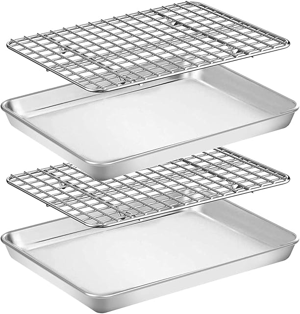 Umiten Baking Sheet & Rack Set [2 Sheet + 2 Rack], Stainless Steel Cookie Pan with Cooling Rack, Checkered Baking Sheet with Rack, Oven Safe Baking, Non Toxic, Heavy Duty, Easy Clean (9 x 7 x 1 inch)