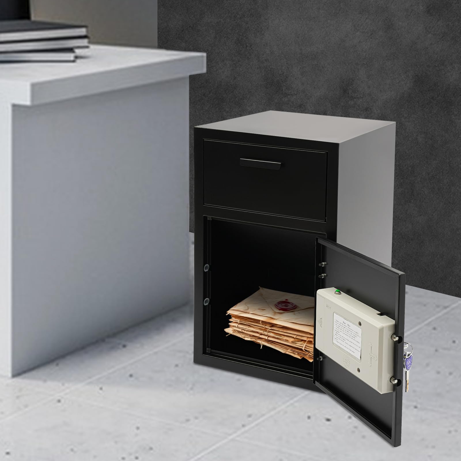 Grande cassaforte in acciaio, cassaforte con sistema di allarme intelligente e chiave, angolo massimo di apertura 90°, sicuro per la casa uffici scuole banche, nero