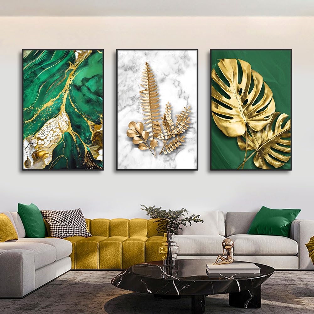 WBYZAC Art Prints-Golden Leaves Wall Art Canvas Painting Abstract Green Marble Texture Gold Foil Artwork Poster Prints for Bedroom Kitchen Home Decor-50 * 60cm*3PCS (No Frame)