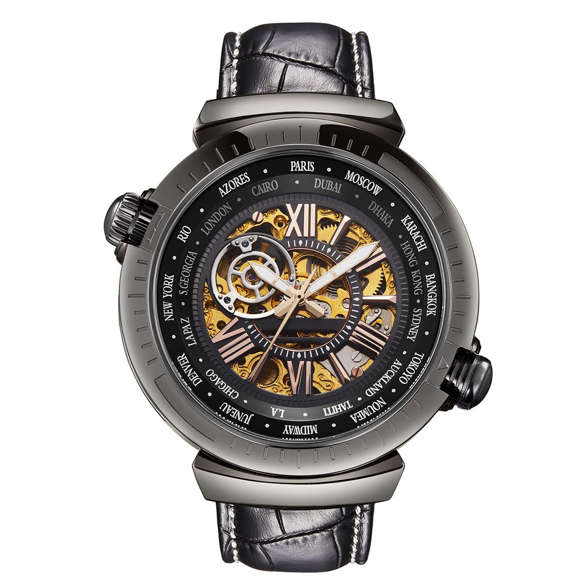 TIME100 Men's Automatic Mechanical Watch Multi-Function Skeleton Dial Stainless Steel Leather Strap Waterproof