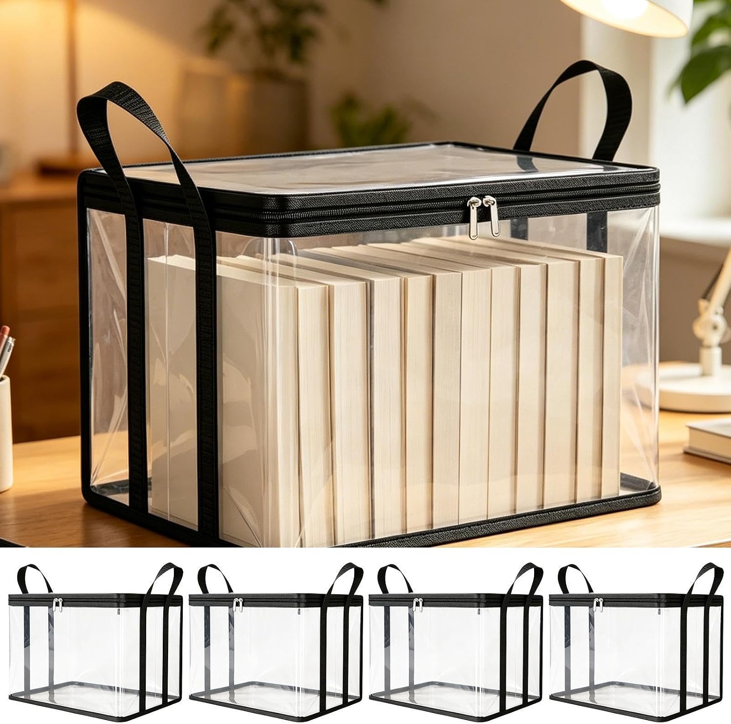 Clear Storage Bags - 4 Piece Stackable Reusable Waterproof Organizers, Clothing Storage Bags With Handles | Heavy Duty Transparent Zippered Containers For Laundry Blanket Toy Shoe Dorm Home