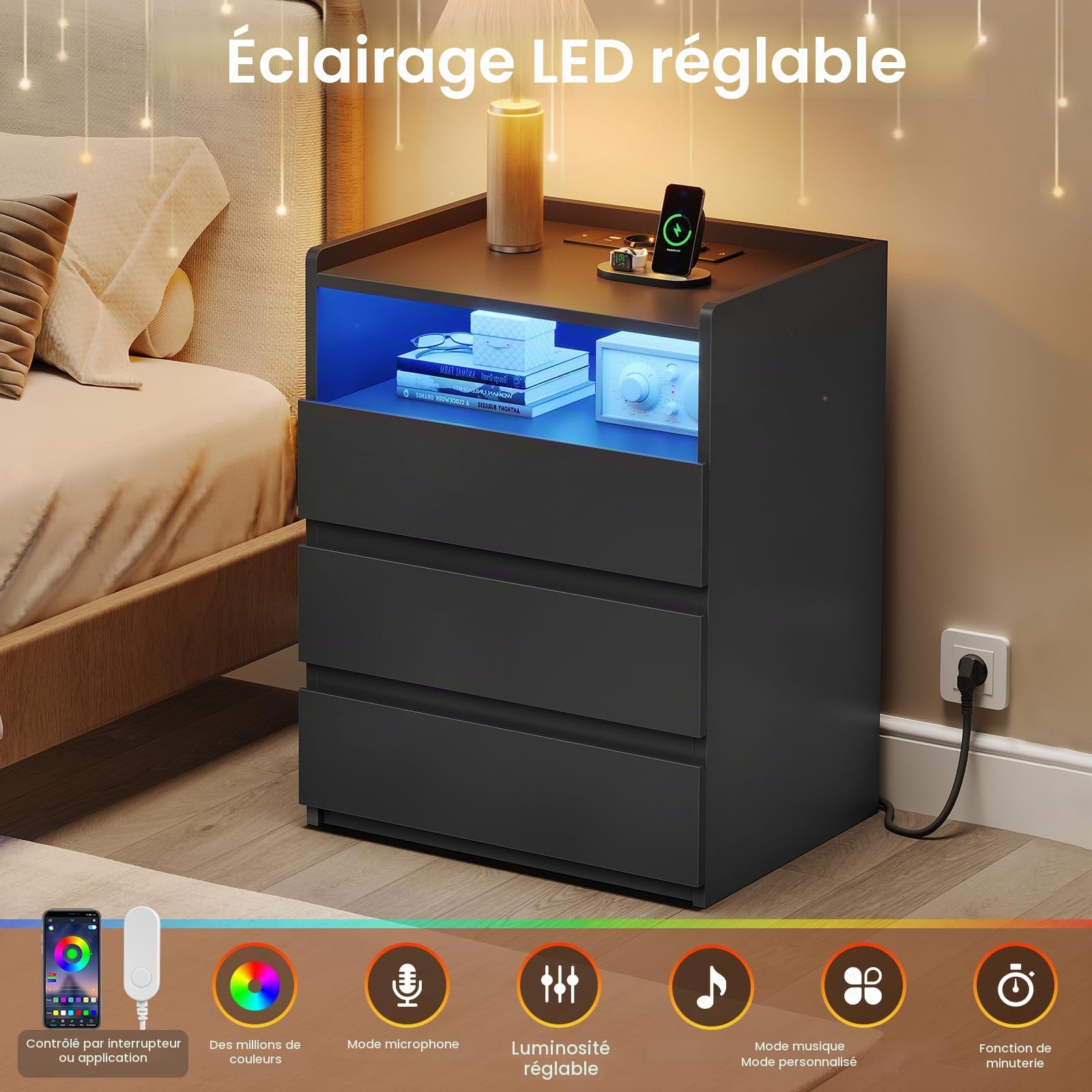 AOGLLATI Table de Chevet avec 2 Rubans LED et Multiprise,3 Tiroirs et 1 Compartiment Ouvert, pour Salon et Chambre, Table de Nuit Noire