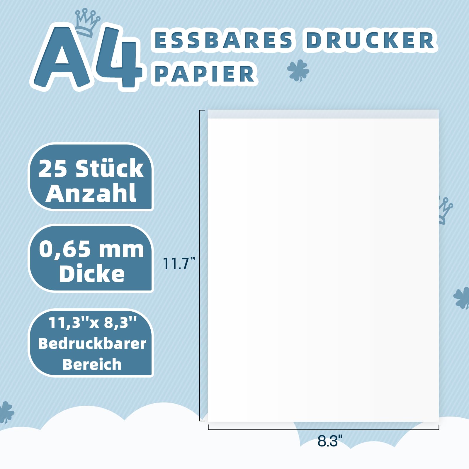 Essbares Papier, 25 Stück, Zuckergussblätter, A4-Größe, 29,7 x 21,1 cm, Zuckergussblätter, essbares Bildpapier für Kuchendekorationen, Kekse, Zuckerblätter für Kuchendrucker