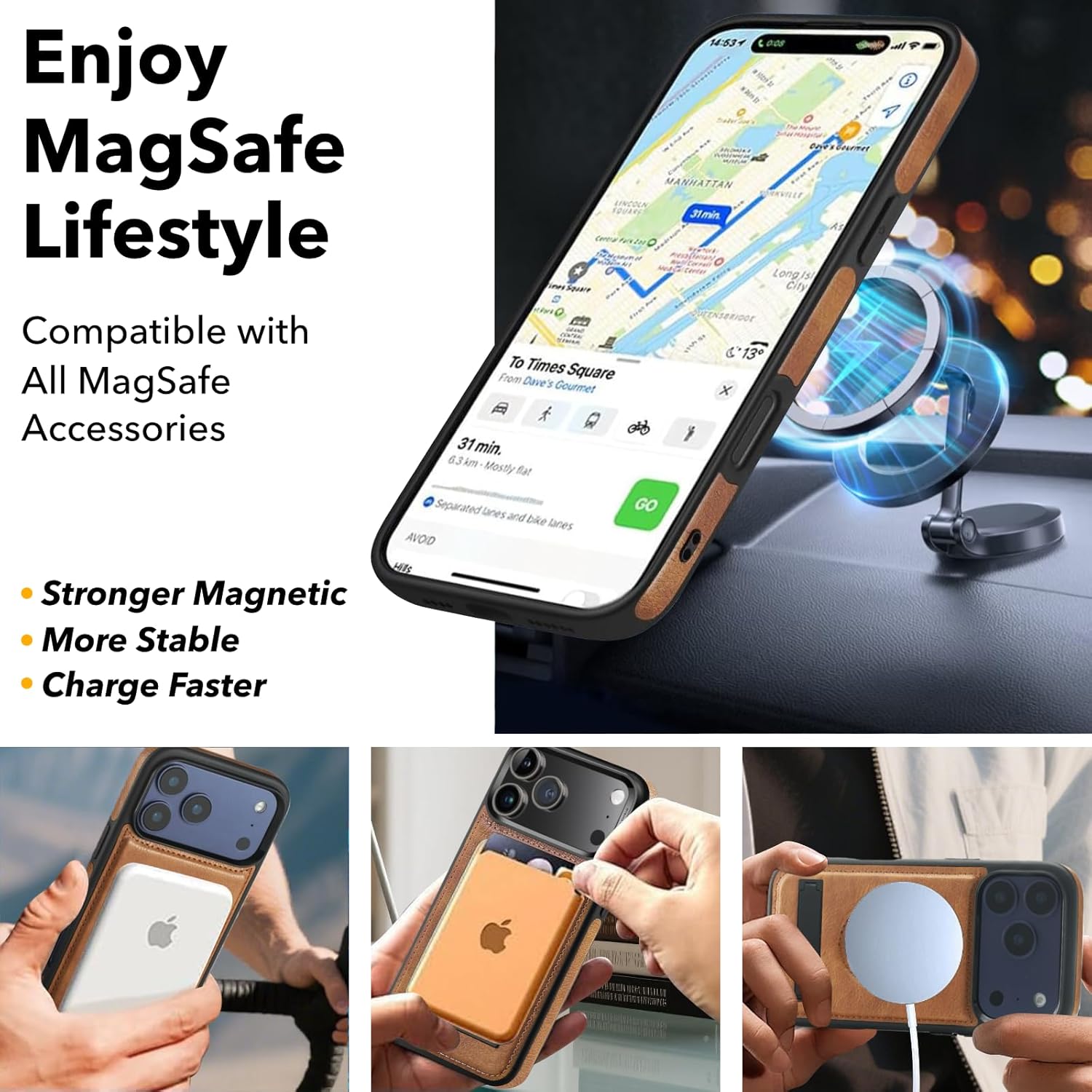 for iPhone 17 Pro Case Leather 6.3 Inch, MagSafe Compatible with Upgraded N56 Strong Magnet, Hidden Kickstand, Slim Shockproof Protective Cover with Logo Cutout, Brown