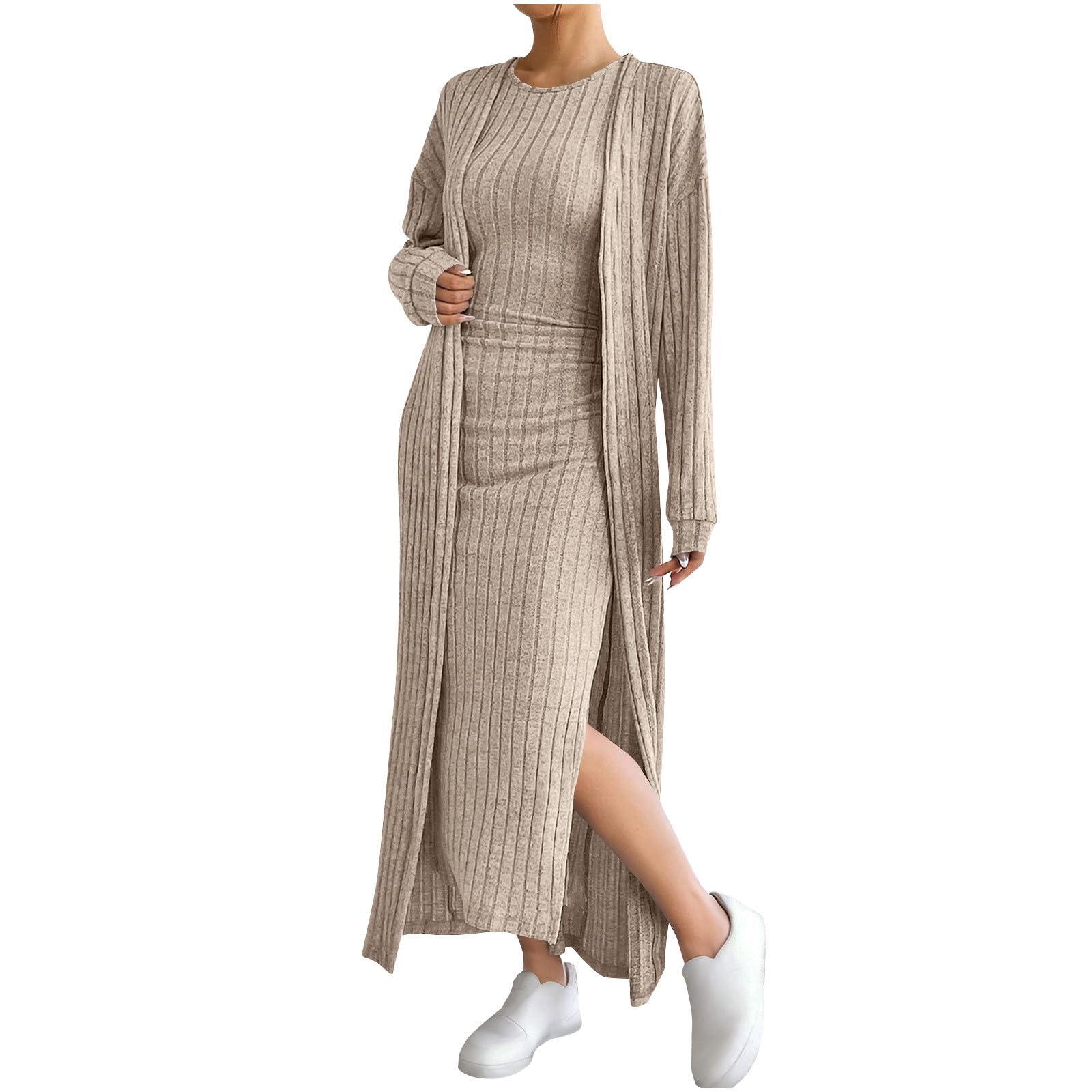 Womens Casual Ribbed Knit 2 Piece Outfit Sleeveless Bodycon Slit Tank Dress and Long Sleeve Cardigan Coat Matching