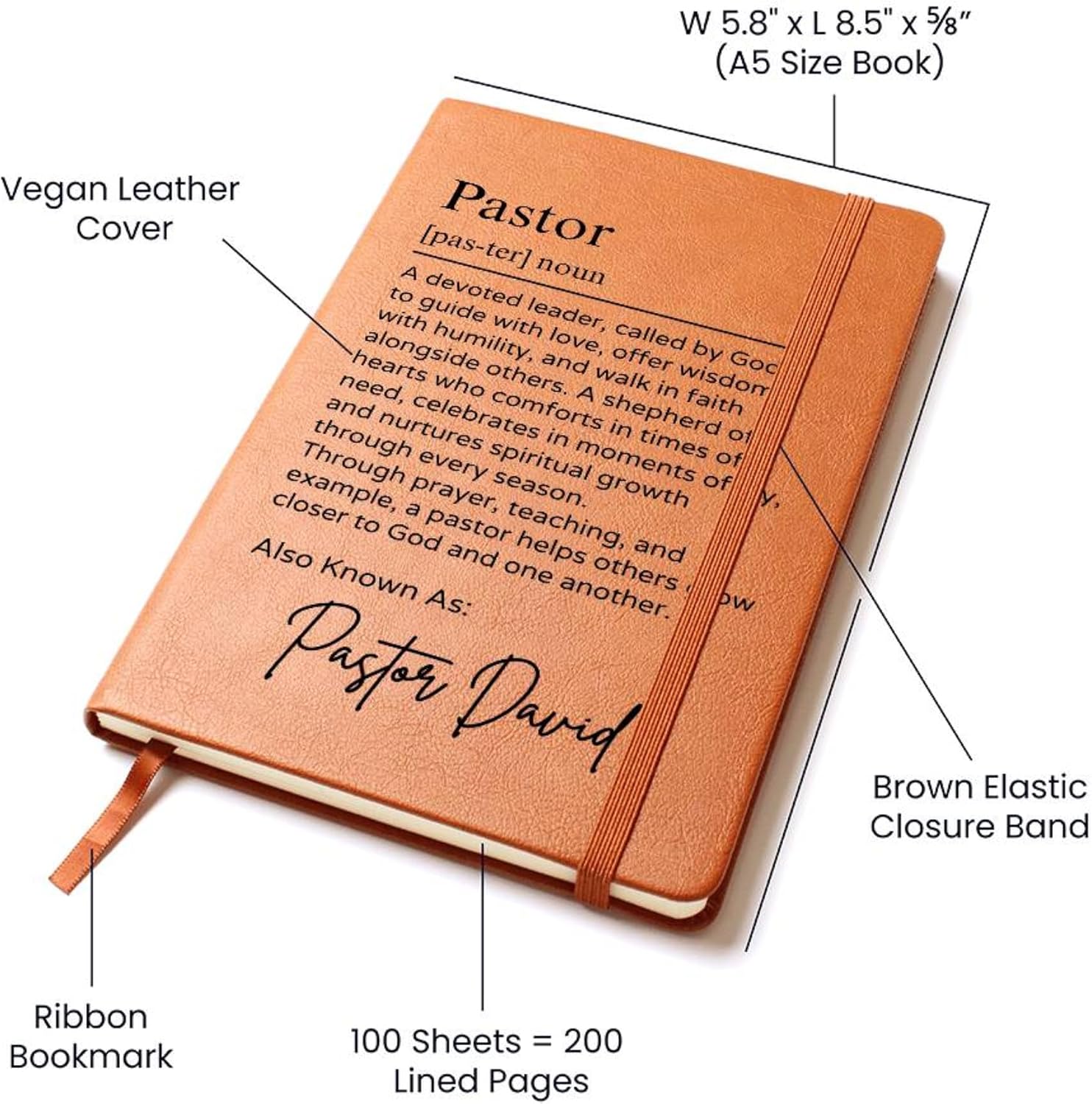 Hilis Custom Pastor Journal, Personalized Pastor Appreciation Gifts for Men or Women, A5 Lined Vegan Leather Notebook, Unique Pastor Thank You Birthday Gifts (D02)
