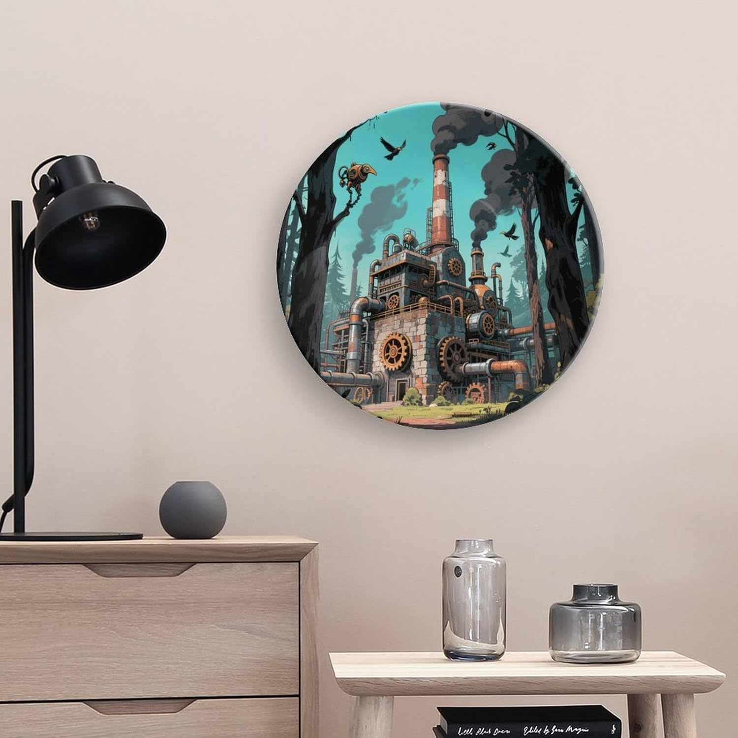 Bone China Decorative Plates Steampunk Forest Factory Ceramic Decorative Plate Wall Decor with Display Stand Ceramic Ornaments for Wall Hanging Decoration