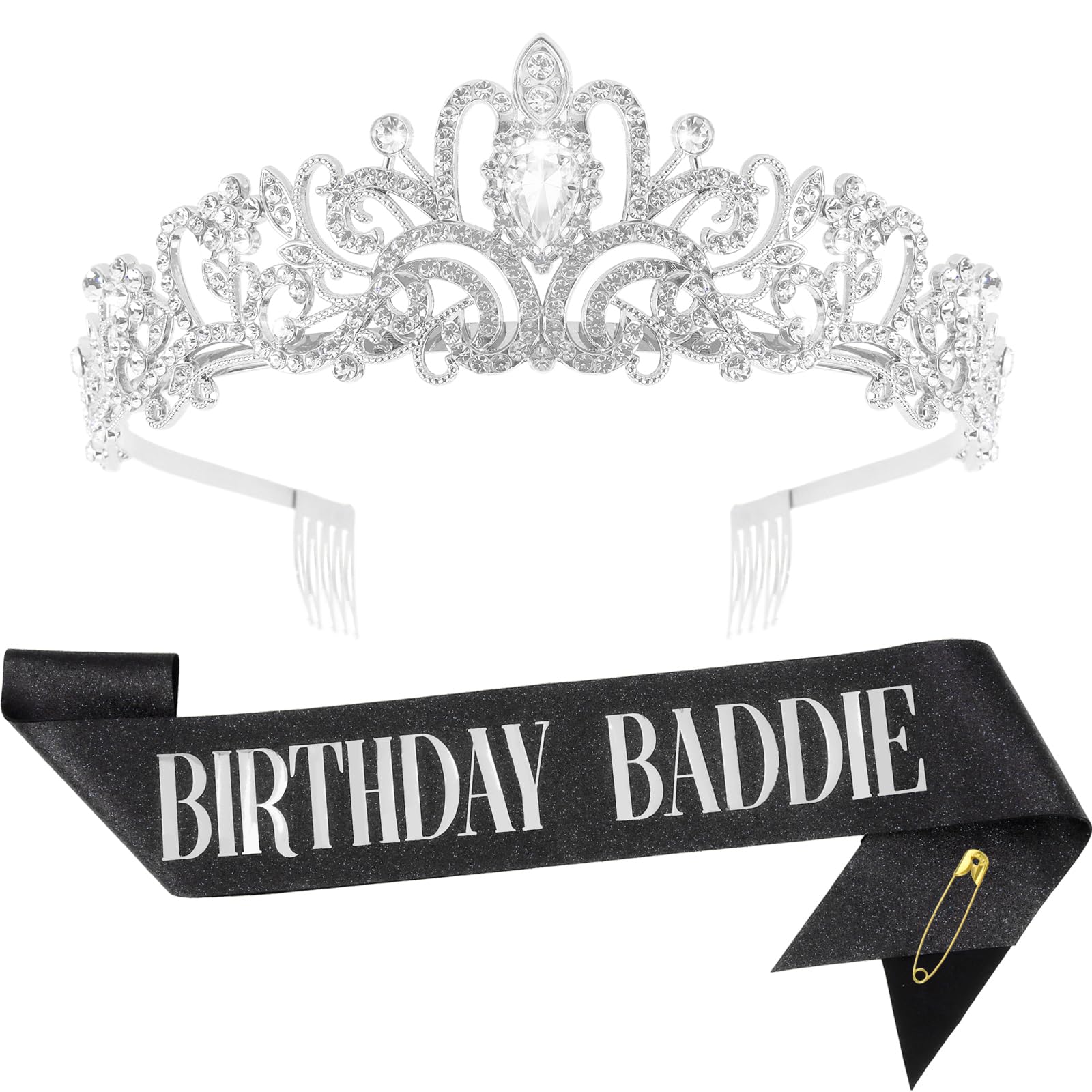 FASOTY Birthday Baddie Sash and Crown Tiara - Black Glitter Sash with silver Foil Birthday Baddie Sash and Crown for Women Girls Funny Birthday Party Favor Supplies