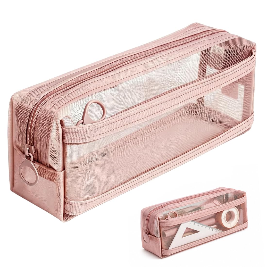 PILZAR Clear Exam‑Friendly Pencil Case for Girls, Pink Mesh Pencil Pouch with 2 Zipper Compartments, Transparent Aesthetic Pen Organiser for Secondary School, College, Home and Office
