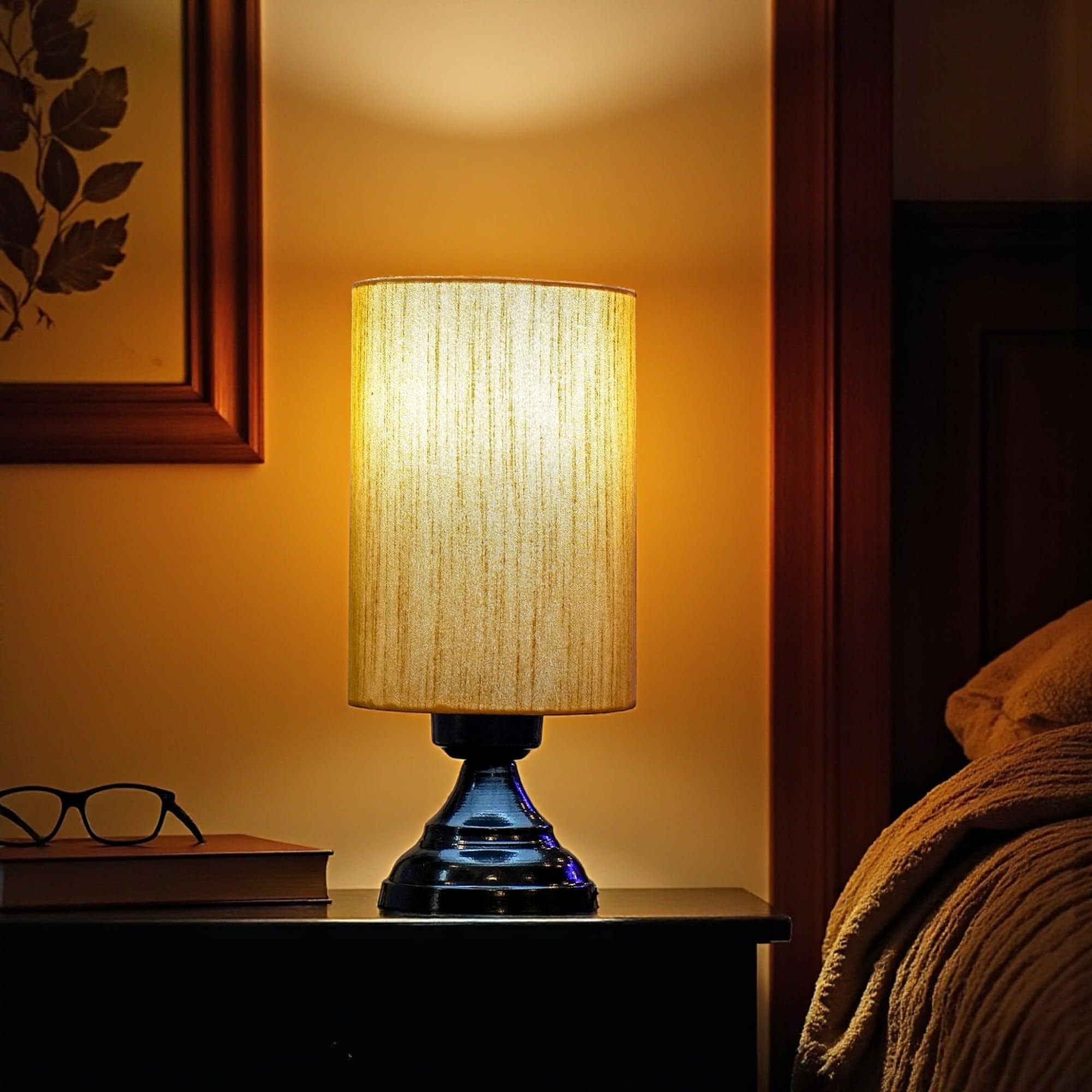 Blue Cotton Round Table Lamp for Bedroom, Living Room - LED Desk Lamp, Night Light, Home Decor, Bedside Lamp (Brown)