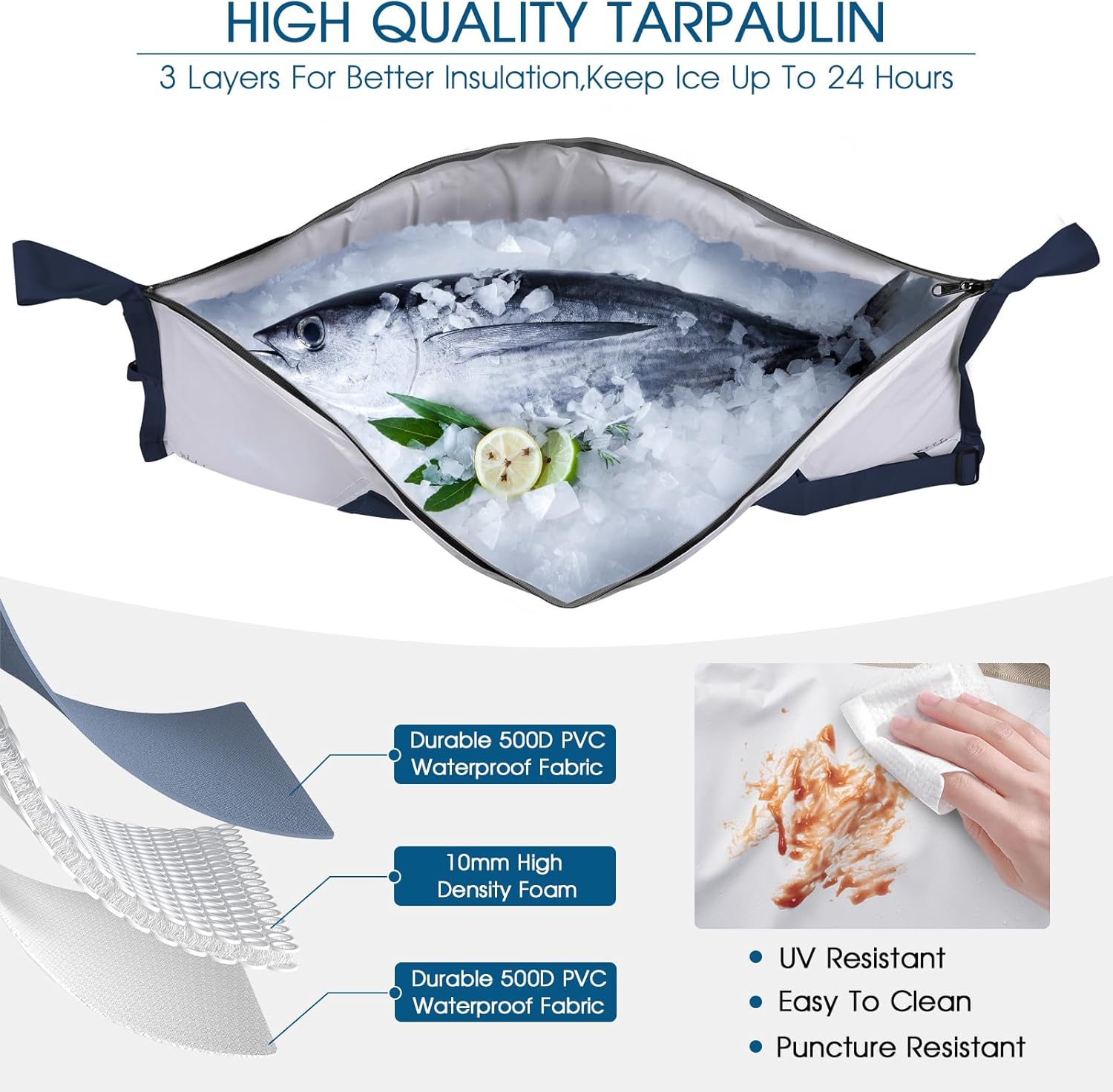 THKFISH Insulated Fish Cooler Bag, 40x16in Fish Kill Bag for Caught Fish, Portable Waterproof Insulated Fishing Bags Keeps Ice Cold Over 24 Hours