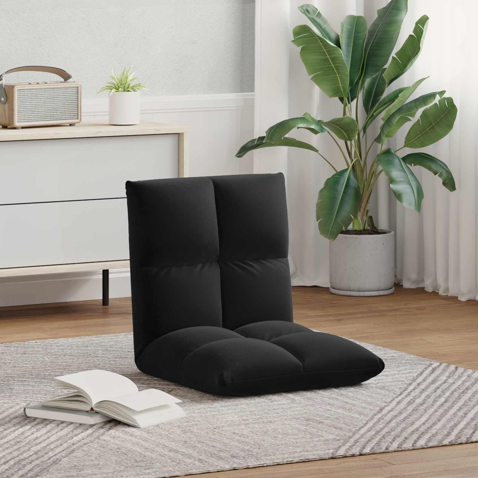 Krzesło podłogowe, czarne, aksamitne, 50 x 61 x 57 cm, regulowane z 5-stopniowym oparciem, składane, ergonomiczne, do czytania, jogi, gier, biura, zajmuje mało miejsca