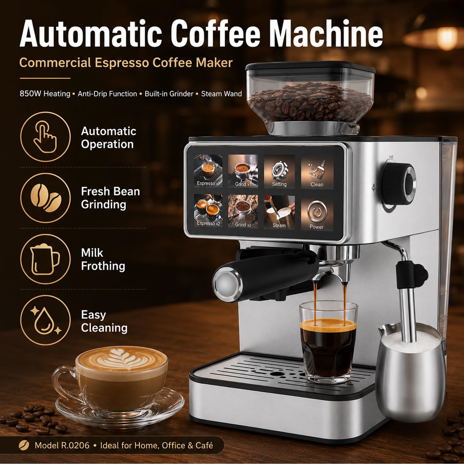 Cafetera Espresso Con Molinillo De 20 Bares, Cafetera Automática Con Molinillo Cónico Y Vaporizador Para Espumar Leche, Ideal Para Espresso, Capuchino, Latte Helado, Cold Brew Y Americano