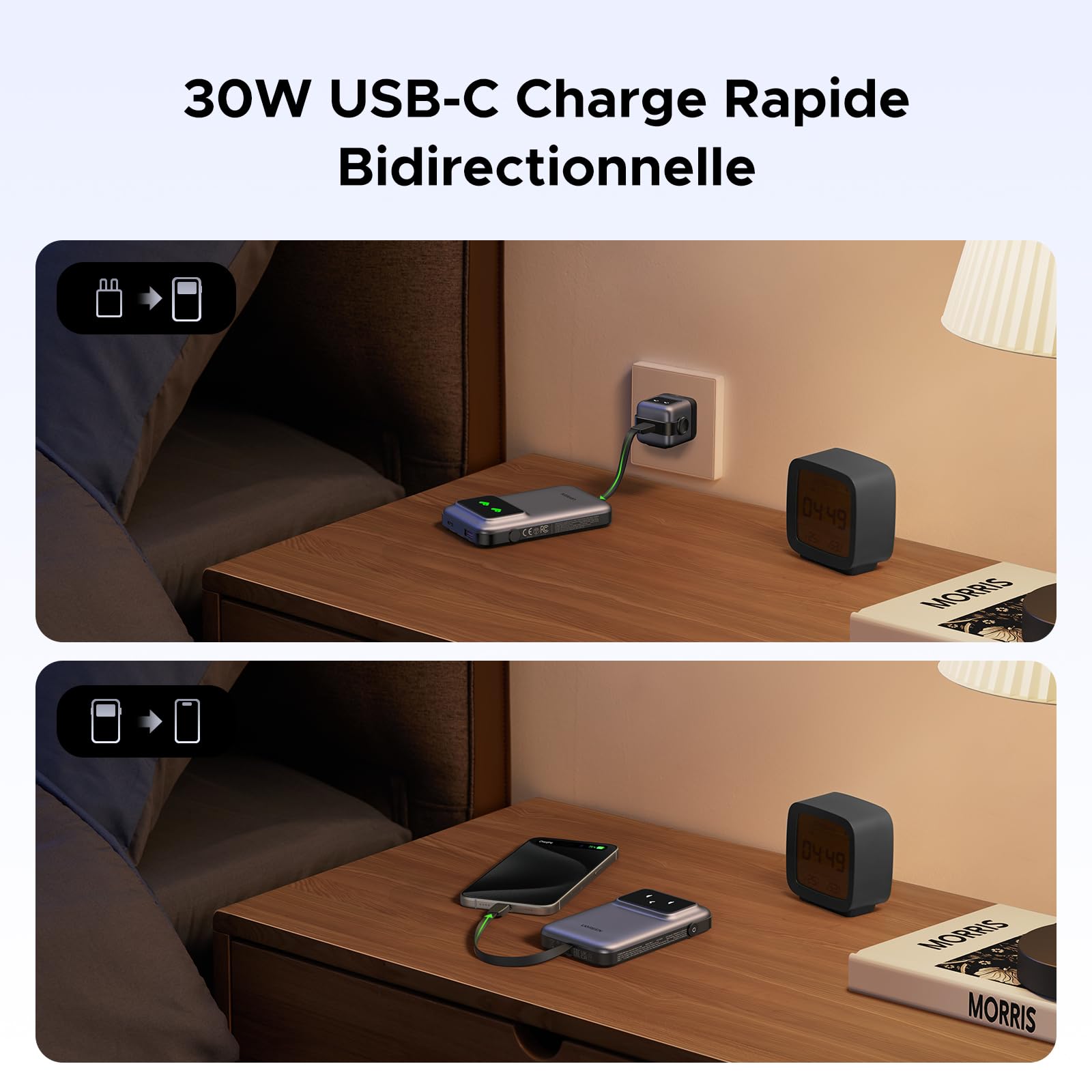 UGREEN Uno Batterie Externe 10000mAh 30W Câble USB C Intégré Power Bank Portable Charge Rapide Emoji Affichage Compatible avec iPhone 17 16 15 14 13 Air Plus Pro Max Galaxy S25 S24 S23 iPad
