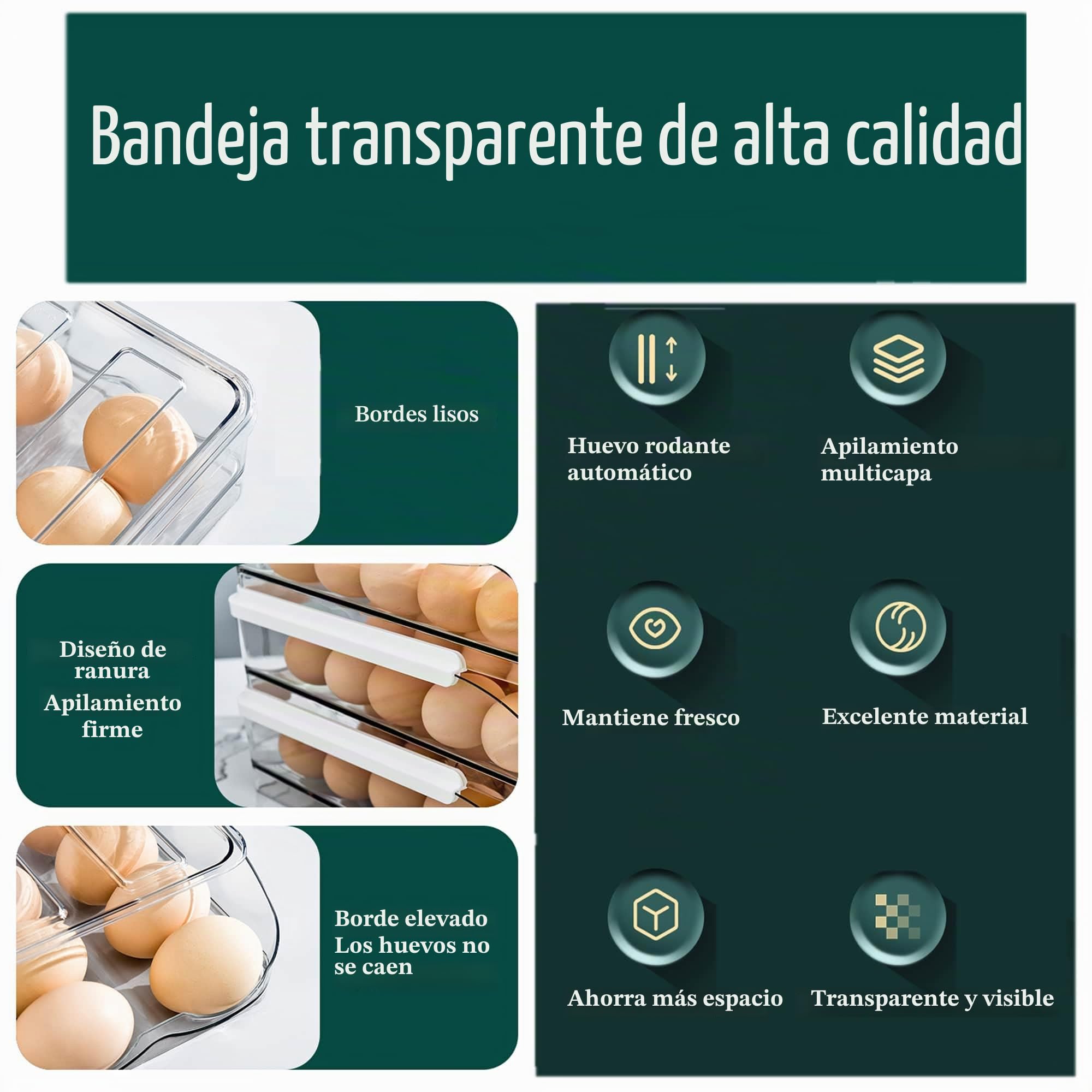 Huevera de gran capacidad para el frigorífico Bandeja organizadora de huevos apilable para el frigorífico Plástico transparente (3 capas)