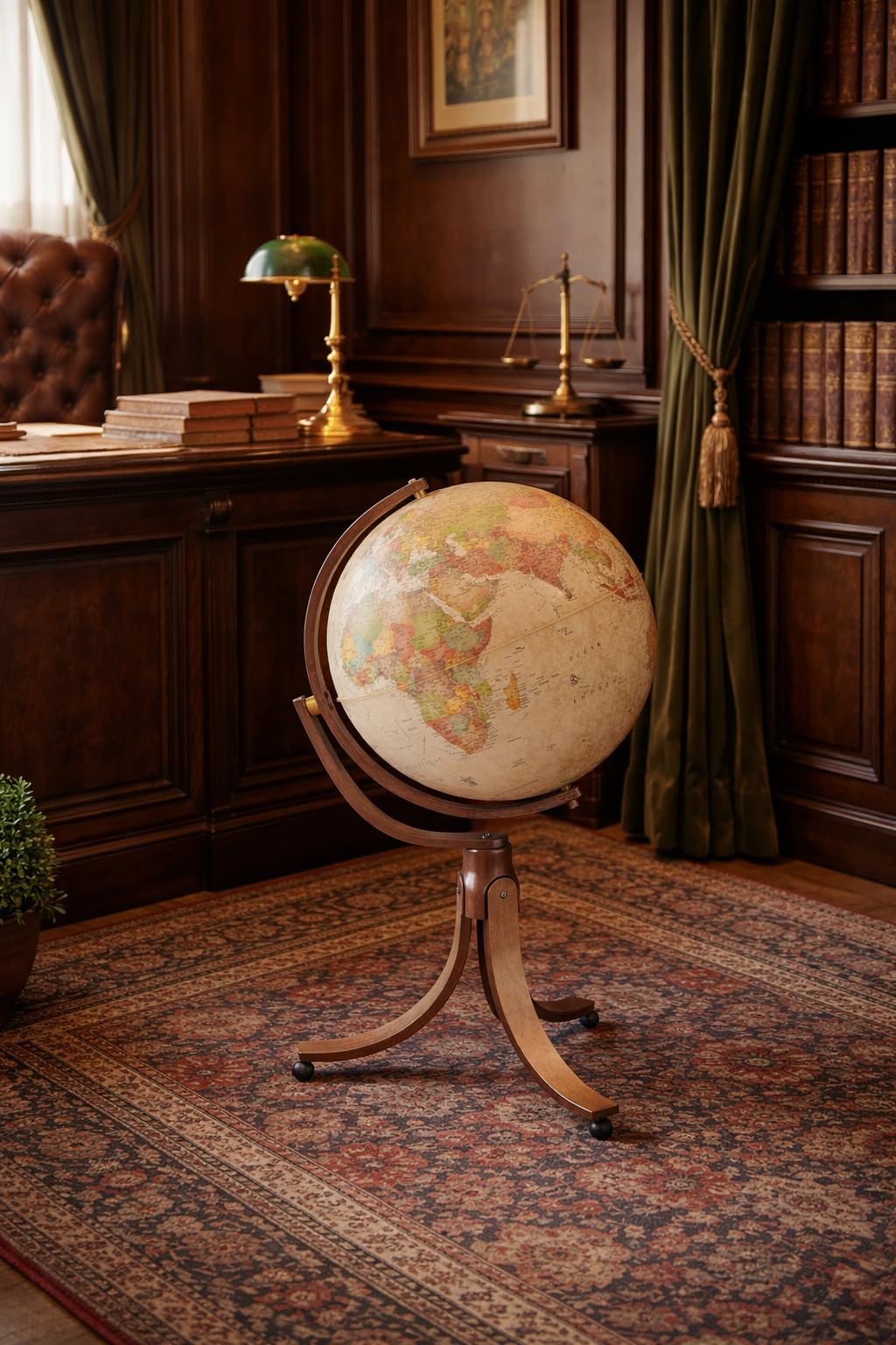 Mappamondo Luminoso da Terra con Base in Legno di Faggio, Cartografia Stile Antico, Diametro 50 cm, Altezza 103 cm, Emily Antique Progressio