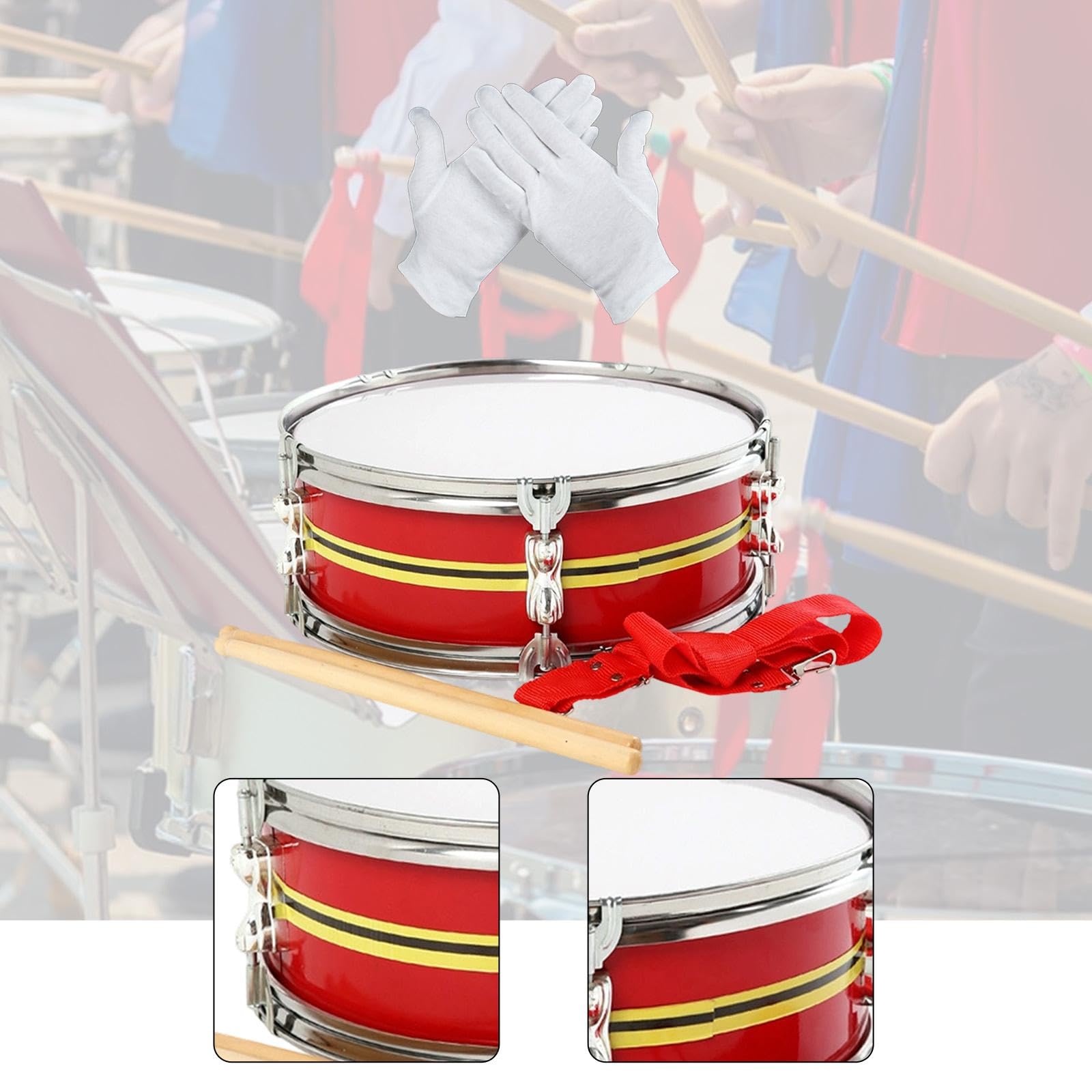Rullante Tamburo Percussione Set Bacchette Guanti Acciaio Inossidabile Suono Pieno Resistente Adatto per Bambini Adulti Lezioni di Musica Pratica, Rosso Giallo