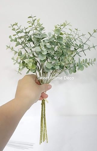 Miniatura 3 de Ramo de eucalipto sintético de 14 pulgadas, eucalipto artificial, tallo único, diseño floral, juego de 2 (color verde polvoriento)