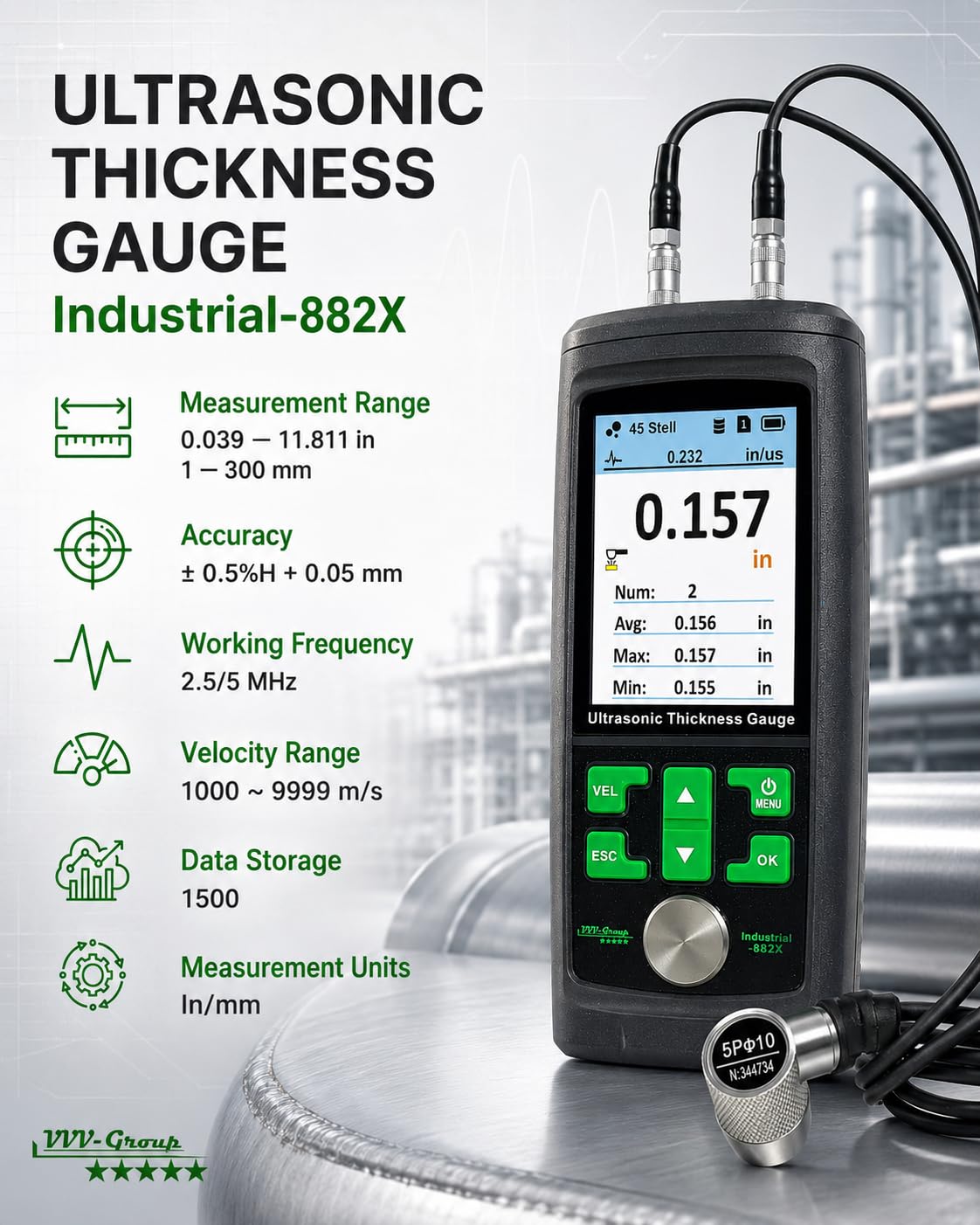 Ultrasonic Thickness Gauge Industrial-882X / Steel, Metals, Plastic, Glass, PVC, Pipes Thickness Gauge Meter – Range 0.039 to 11.811 inch (1-300mm) | Color LCD (All Material)