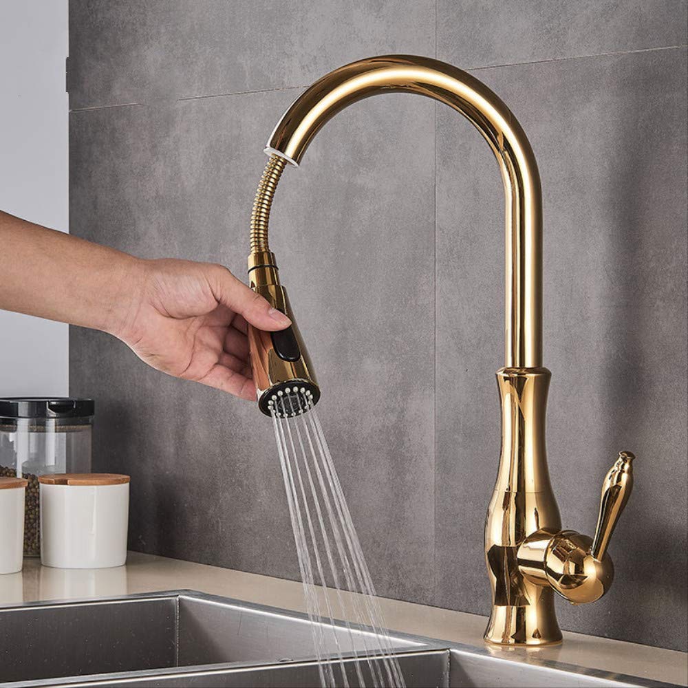 ZYCHSJXA Golden Kitchen Faucets Pull Out Mixer Sink Tap 360 Rotation Single Handle Water 2-Way Sprayer