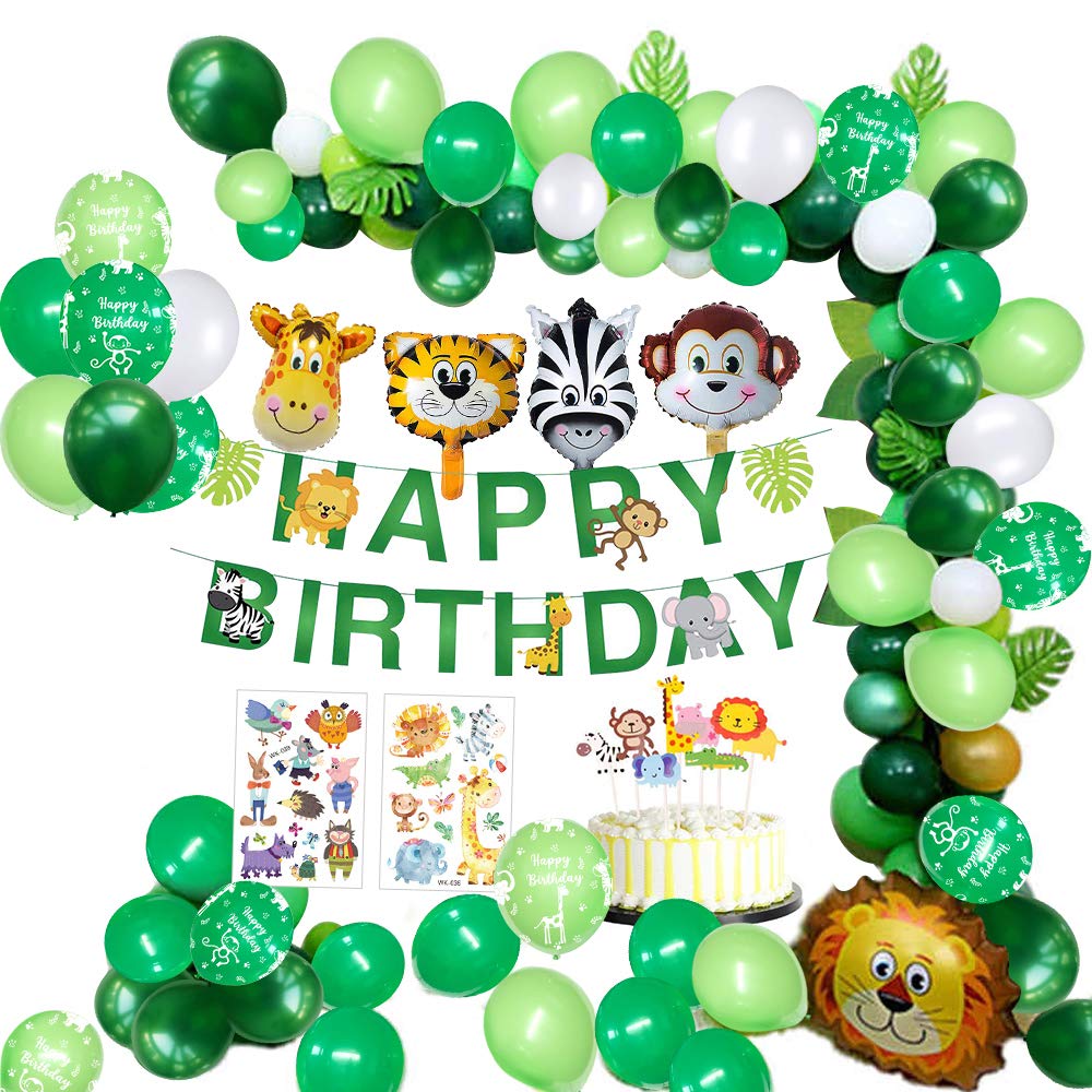 VSTONBoy's Forest Animal Happy Birthday Banner with Palm Leaves Latex Balloons