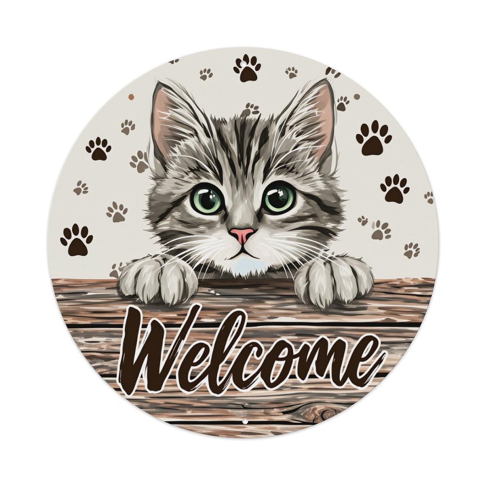Cute Kitten Paw Prints Welcome Sign Round Tin Sign Vintage Metal Poster, Home Bar Garage Man Cave Cafe Indoor & Outdoor Wall Decoration 8x8Inches