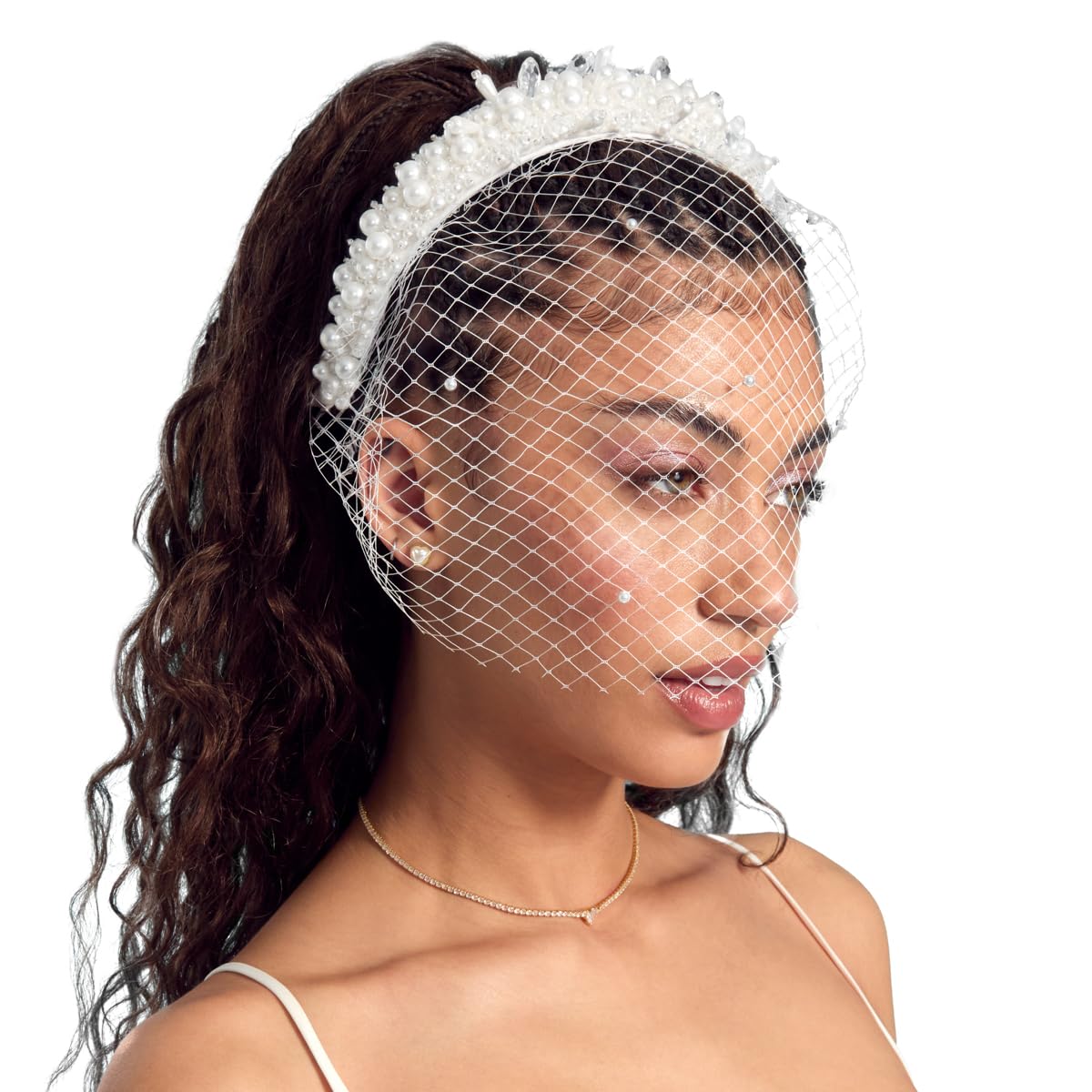 Pearl Beaded Bridal Headband Birdcage Veil Bachelorette  display picture 3