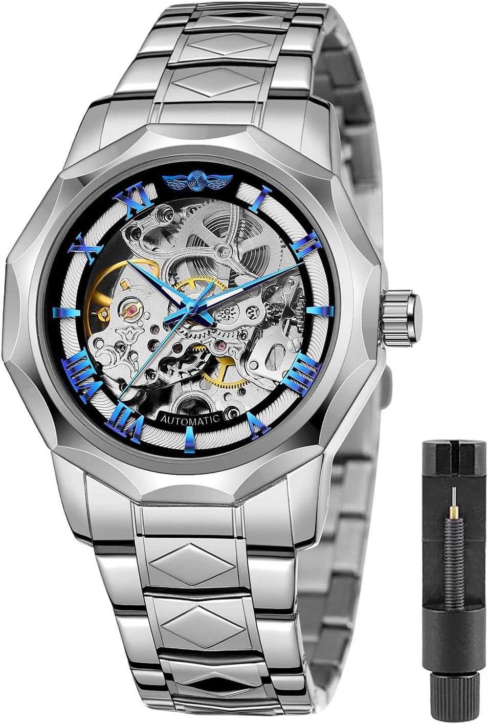 Tiong Fashion Automatic Watches Mechanical Wrist Watch Golden for Mens Skeleton Watches with Stainless Steel Transparent Dial