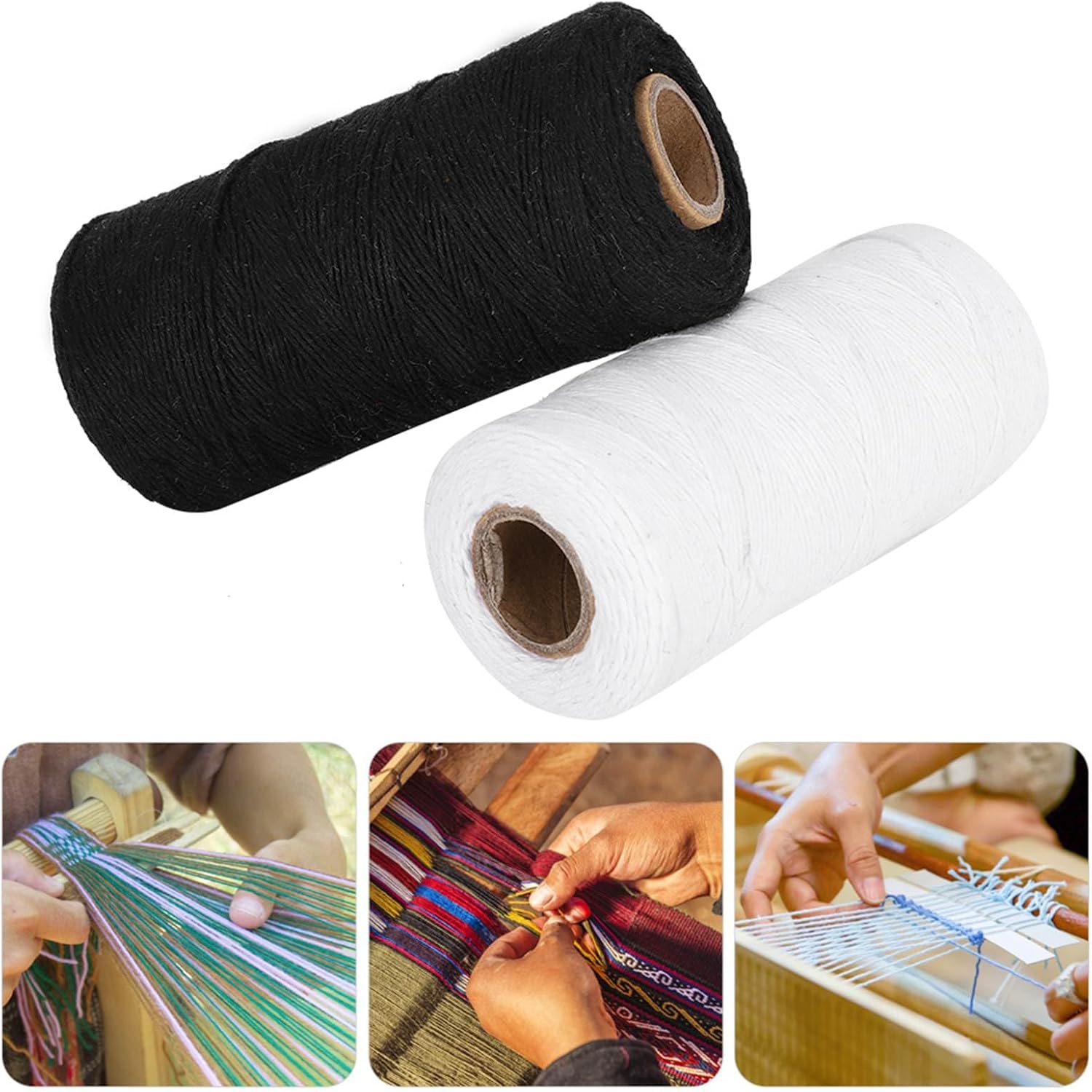 8/4 Warp Thread for Weaving Loom - 100% Pure Cotton Yarn, High Strength, 2 Rolls 2 Colors (250m/820ft), Ideal for Carpets, Blankets & DIY Handmade Projects(Black+White)