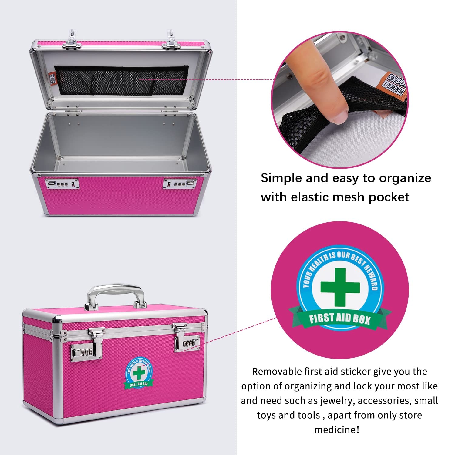 Caja bloqueable para medicamentos, 36,1 x 18,3 x 20,8 cm, adecuada para el almacenamiento de farmacia y objetos personales importantes, contiene un pastillero de plástico (ancho/rosa)