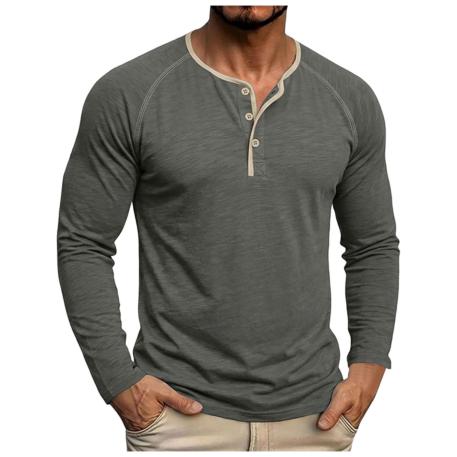 T-Shirt Homme Manches Longues col avec Boutons, Coupe ajustée Slim fit et Manches Raglan, Haut en Coton texturé Respirant, Parfait pour Le Quotidien et Toutes Les activités