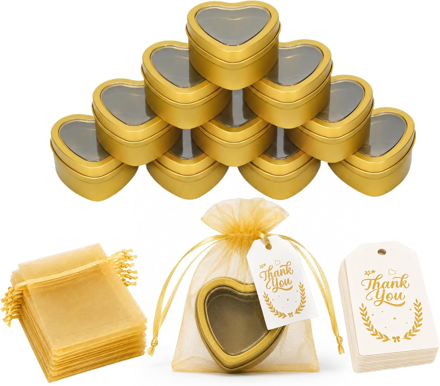 24 Gold Heart Shaped Metal Tins with Lids, Bags and Tags | 2 oz heart tins with clear window lids, organza bags and thank you tags for wedding, shower, candy, wax melts and small gifts