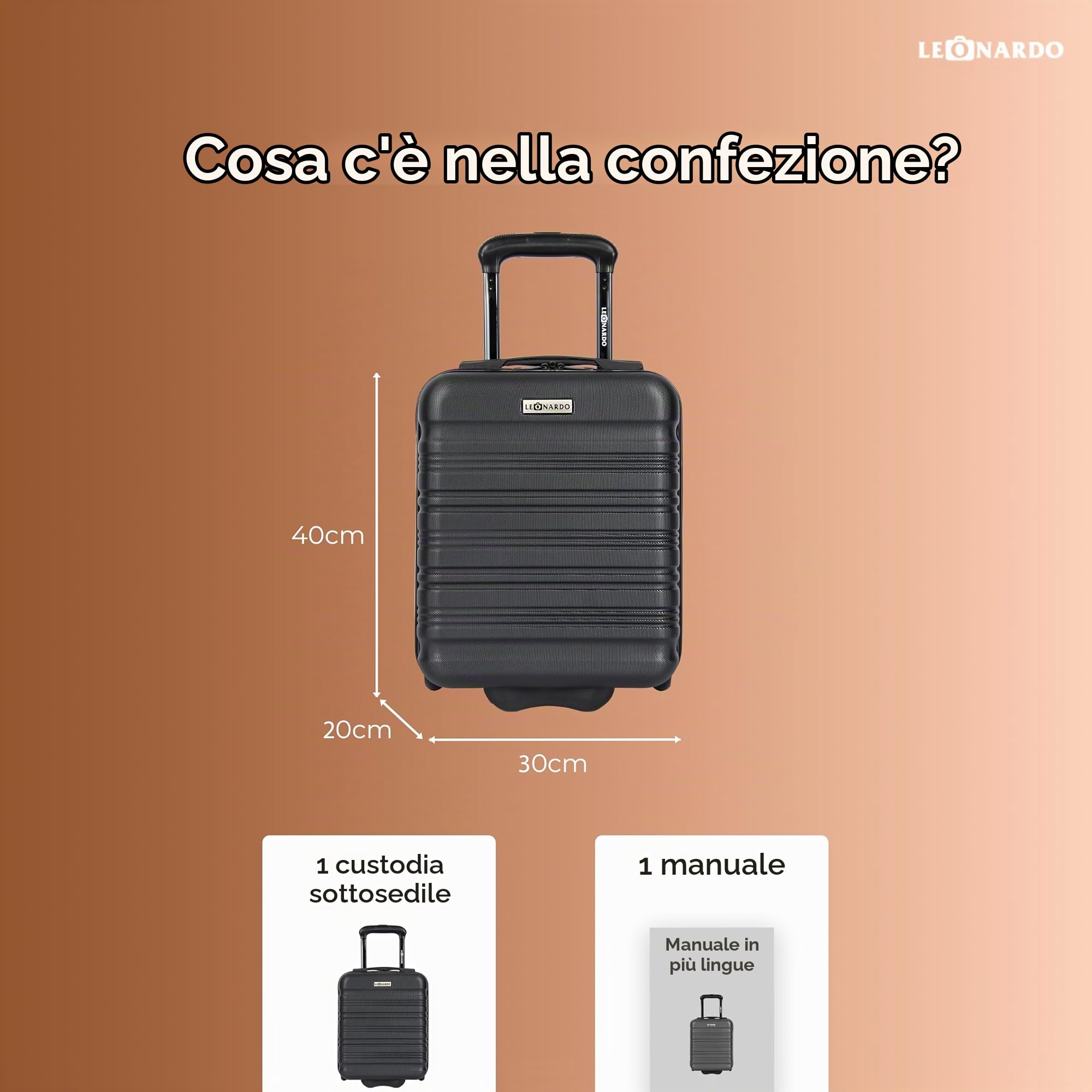 Leonardo® Valigia da Cabina Mini | Trolley Rigido 14 Pollici con Doppie Ruote | Valigia 25 Litri con Manico Trolley e Serratura | Materiale ABS Leggero | Bagaglio a Mano | 20x30x40 cm | Nero