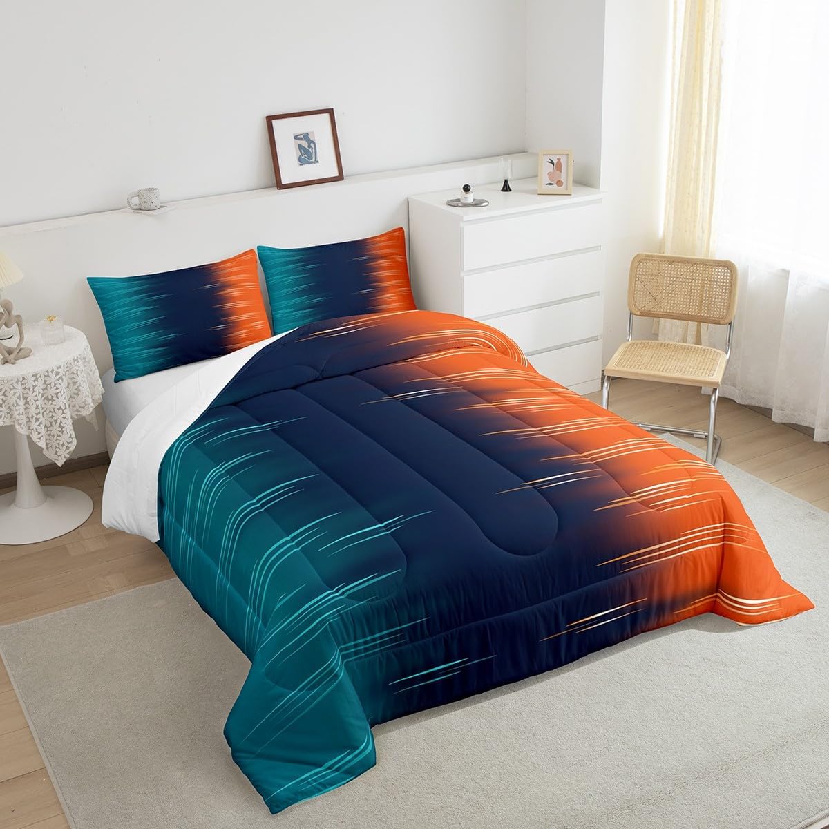 Erosebridal Contemporary Art Twin Comforter Set Blue Orange Bedding Sets,Gradient Ombre Duvet Insert Grunge Abstract Duvet Set Geometric Lines Quilted Comforter Boys Girls Adult Bedroom Decor,Cozy